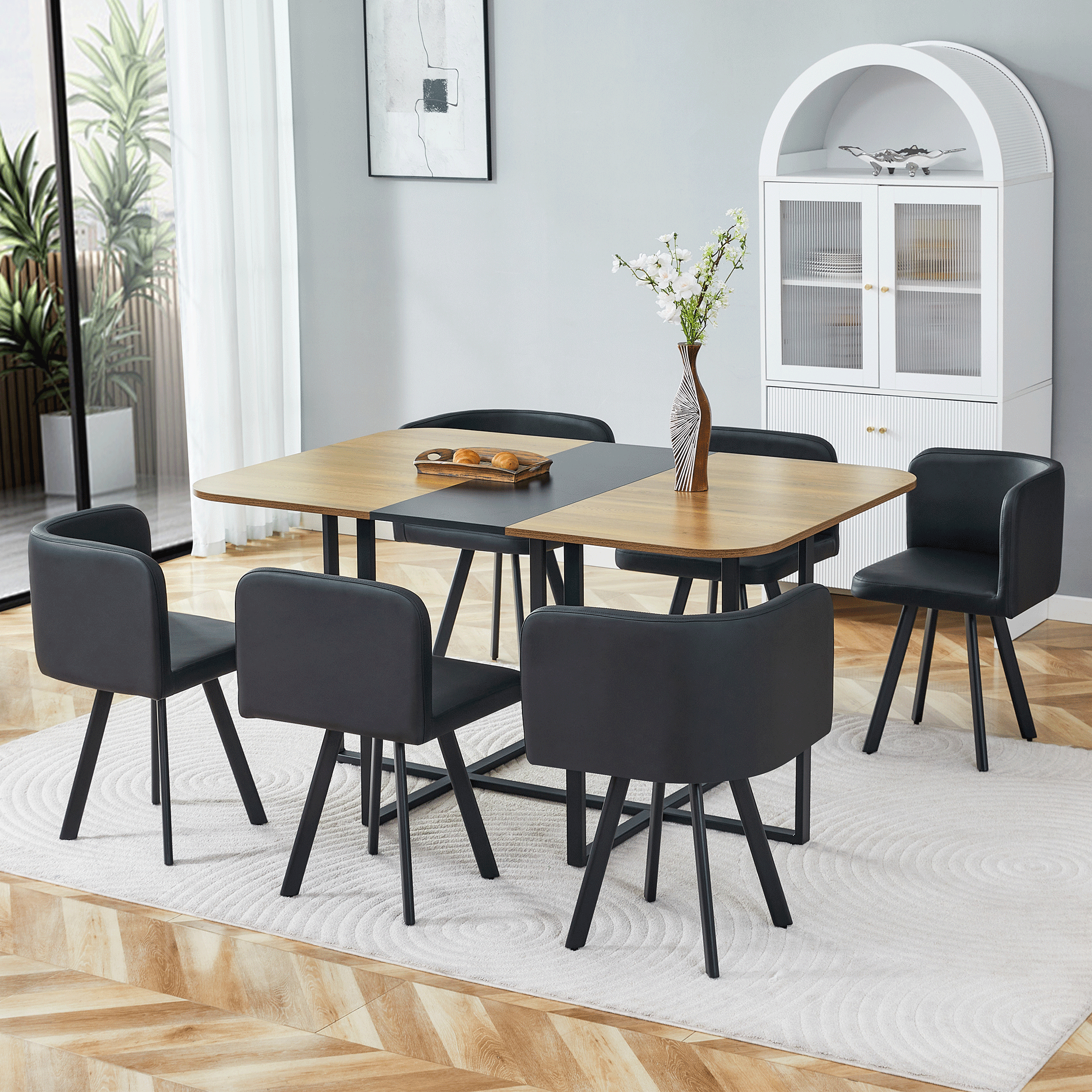 7-Piece Dining Table Set For 6, 1 Table & 6 Black PU Upholstered Chairs, Black & Wood Grain Melamine Table, Modern Kitchen Nook Set For Dining Room, Apartment & Small Space — foto 2
