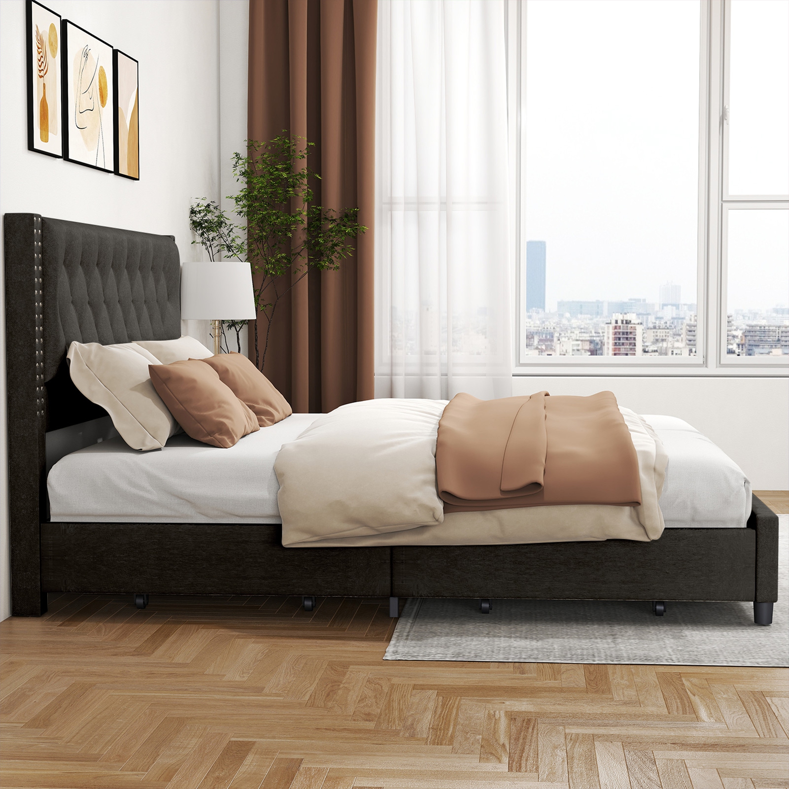 King Size Bed Frame With Upholstered Button Tufted Headboard Wood Slat Support Metal Platform Bed Frame With 4 Drawers No Box Spring Needed Easy Assembly For Home product image