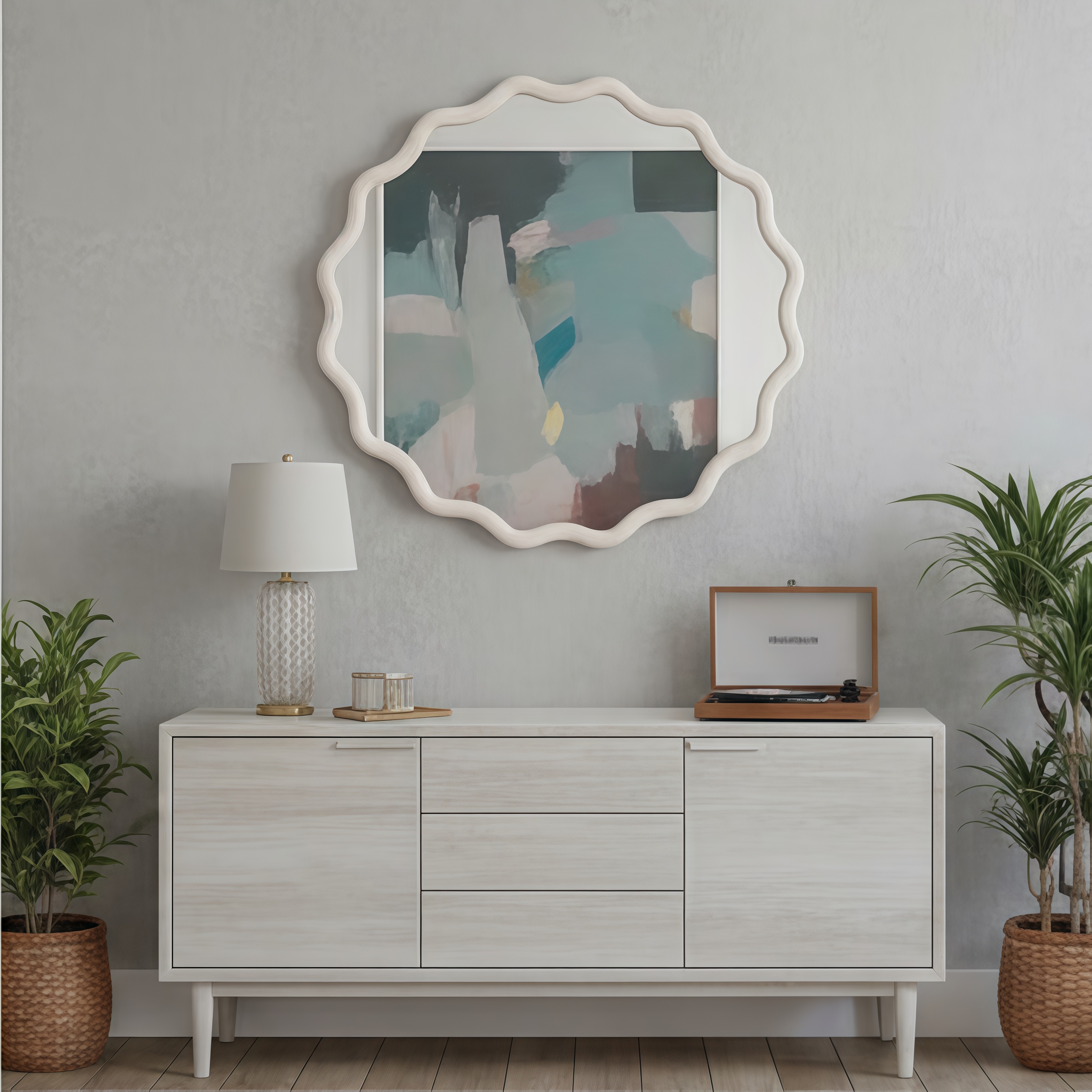 Miroir décoratif rond ondulé blanc de 36 pouces, cadre en bois massif – Image 5