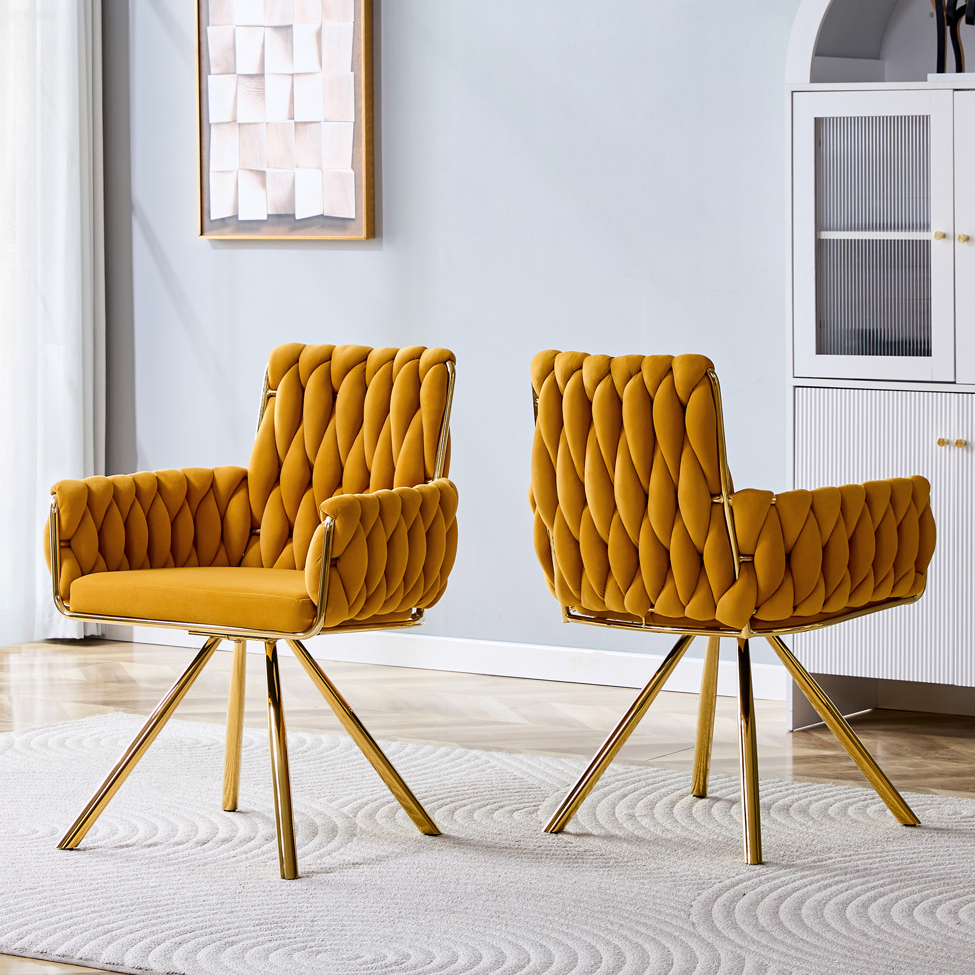 Set Of 2 Modern Luxury Velvet Braided Accent Dining Chair With Gold Metal Legs, Upholstered Armchair With Woven Rope Backrest For Dining Room, Living Room Or Bedroom-Yellow — foto 2