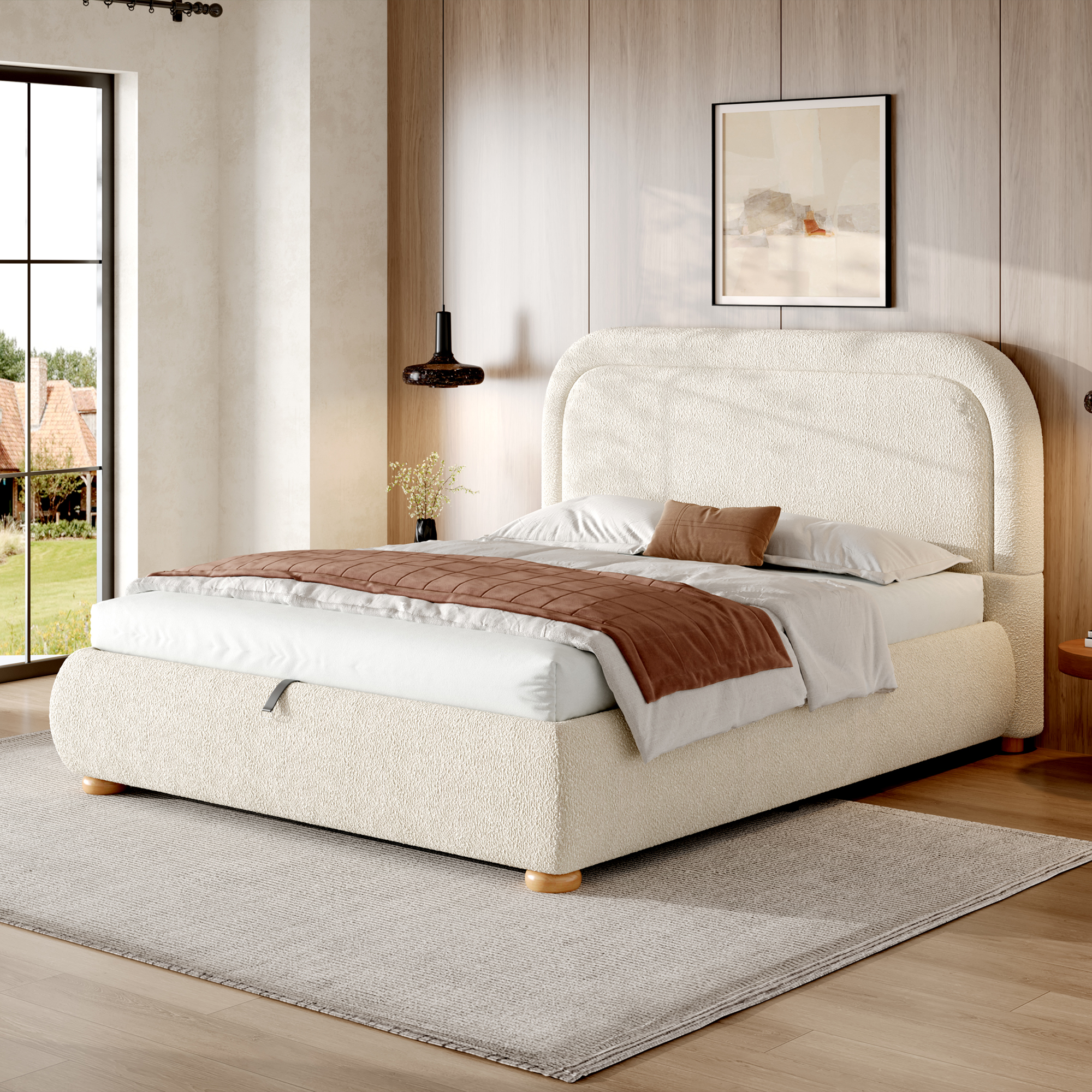 4FT6 Double Ottoman Storage Bed Frame 135 X 190 Cm Boucled Upholstered Lift-Up — image 2