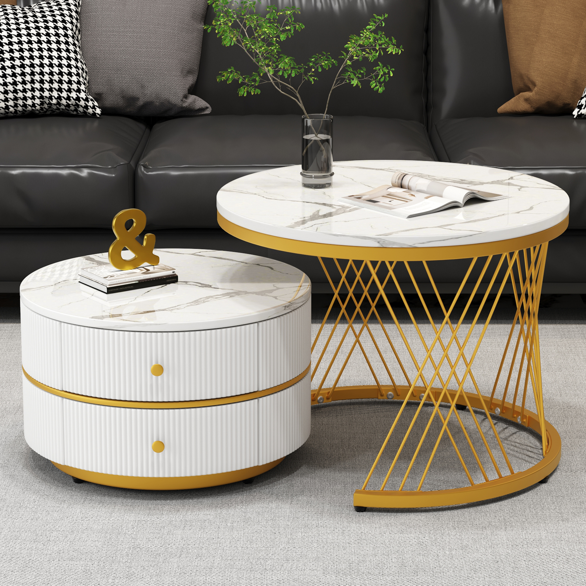 High Gloss Round Nesting Coffee Table With Marble Top, End Table, White & Black Nesting Coffee Table Set Of 2 Center Table With Storage Drawers For Living Room product image
