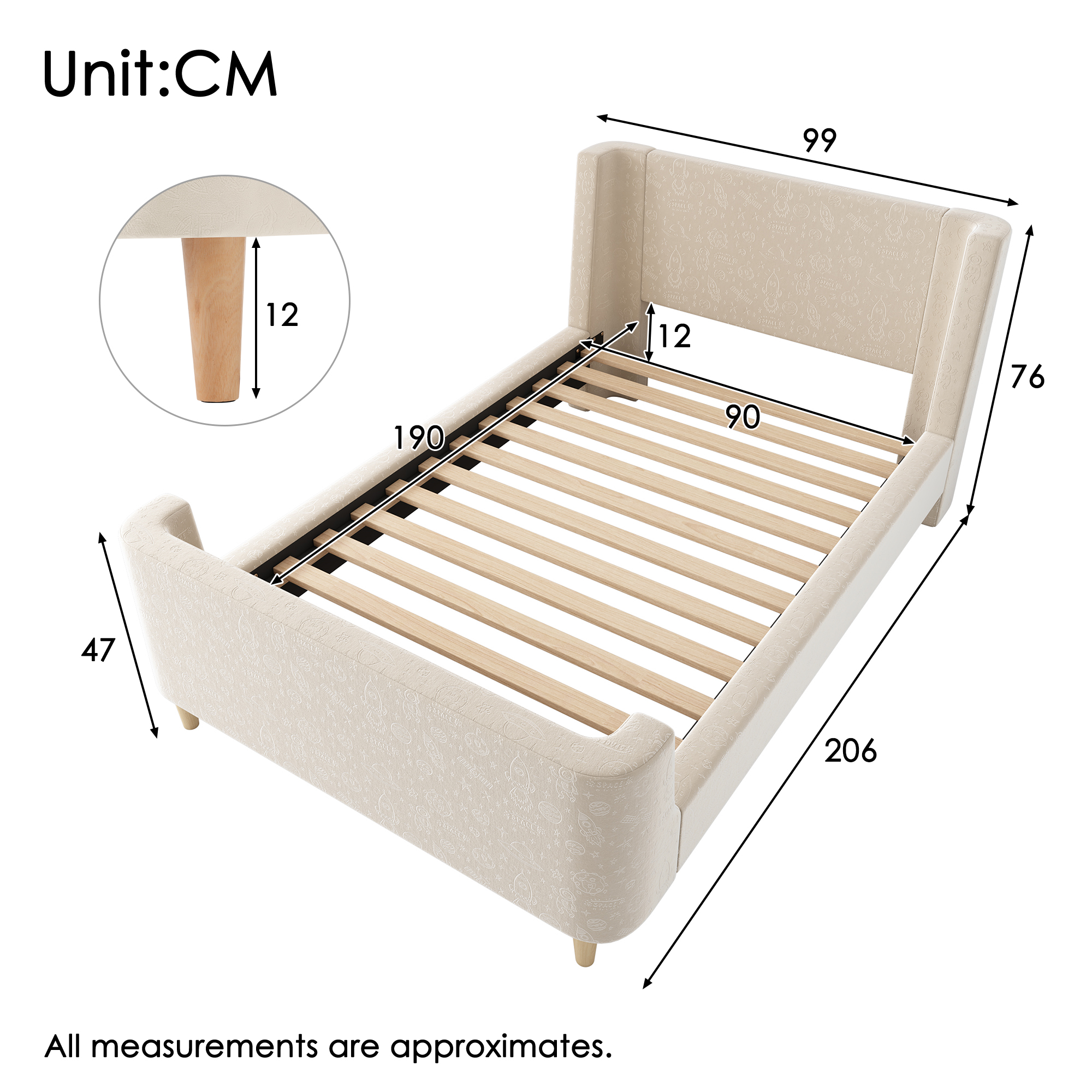 3FT Upholstered Bed, 90 X 190 Cm Single With Cosmic Pattern, Sleigh-style Teen
