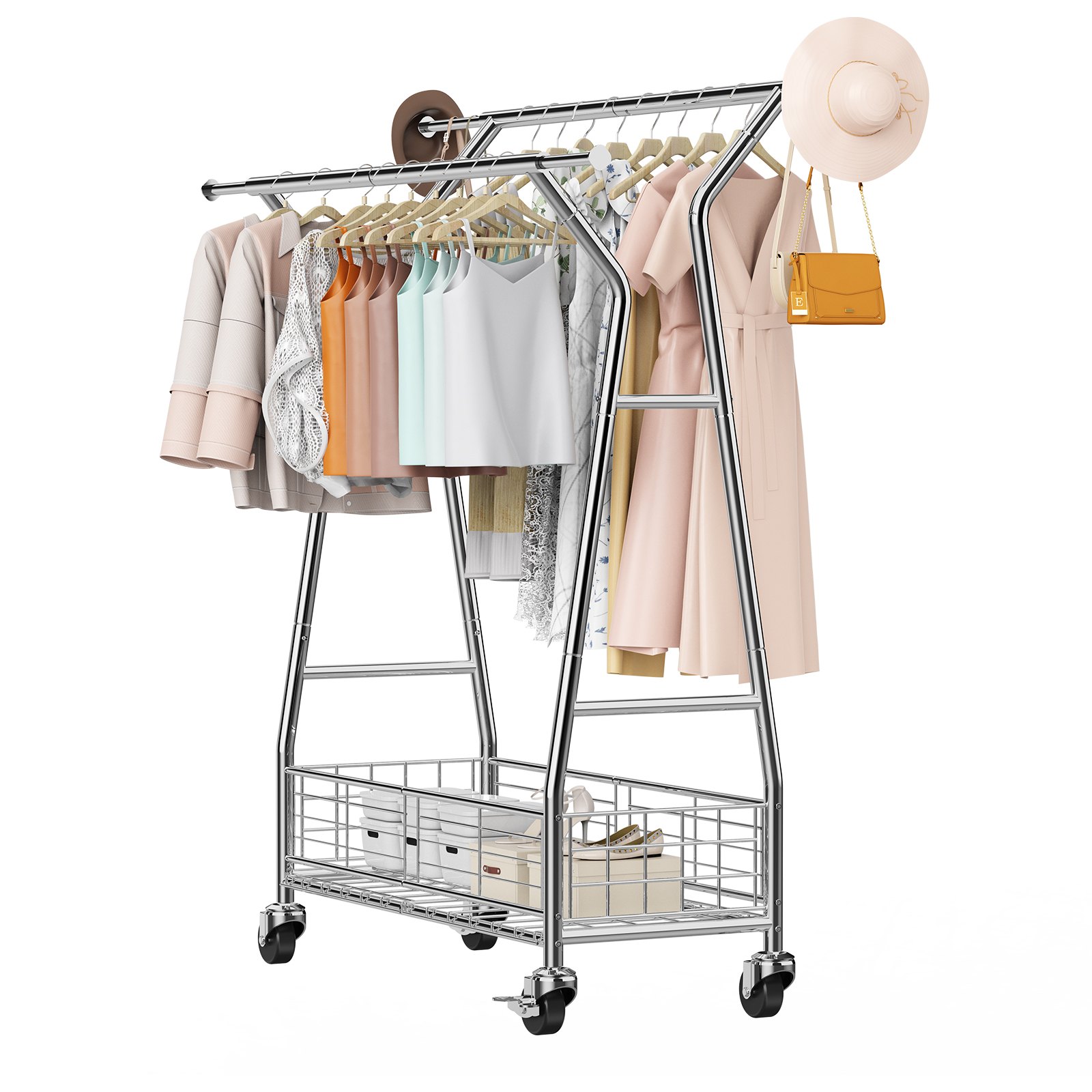 Clothes Rack, Rolling Clothing Garment Rack With 2 Hanging Rods And Storage Basket, 150 Kg Load Capacity, Extendable Carbon Steel Clothing Racks With Wheels For Bedroom, Laundry, Living Room product image
