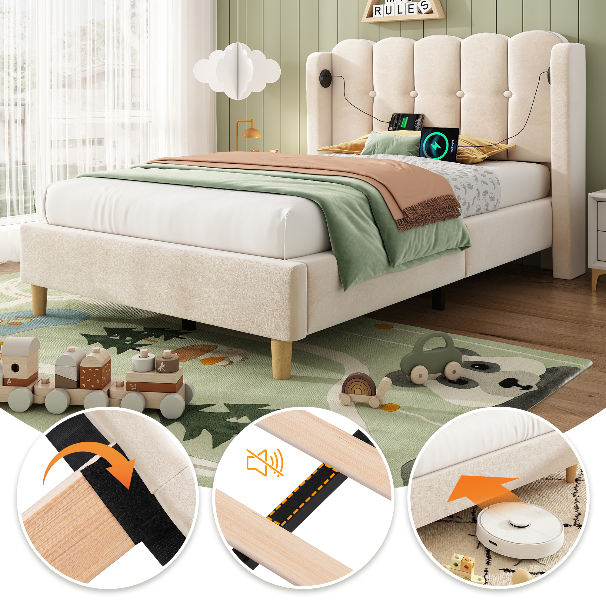Upholstered Single Bed With USB And Type-C Charging, 3FT Frame Wooden Slatted — image 3