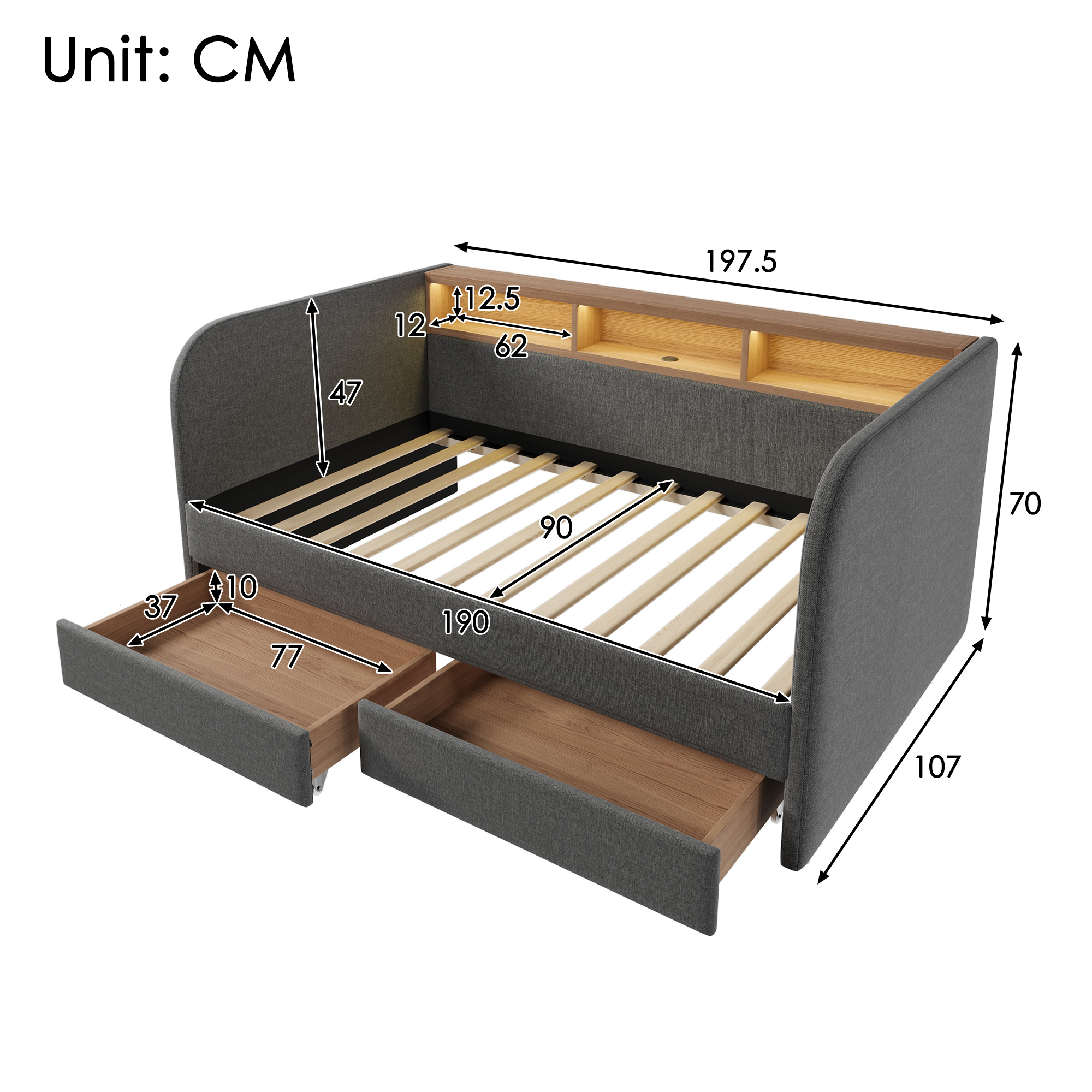 Upholstered Daybed With Headboard Storage, 90 X 190 Cm Single Sofa Bed LED — image 2