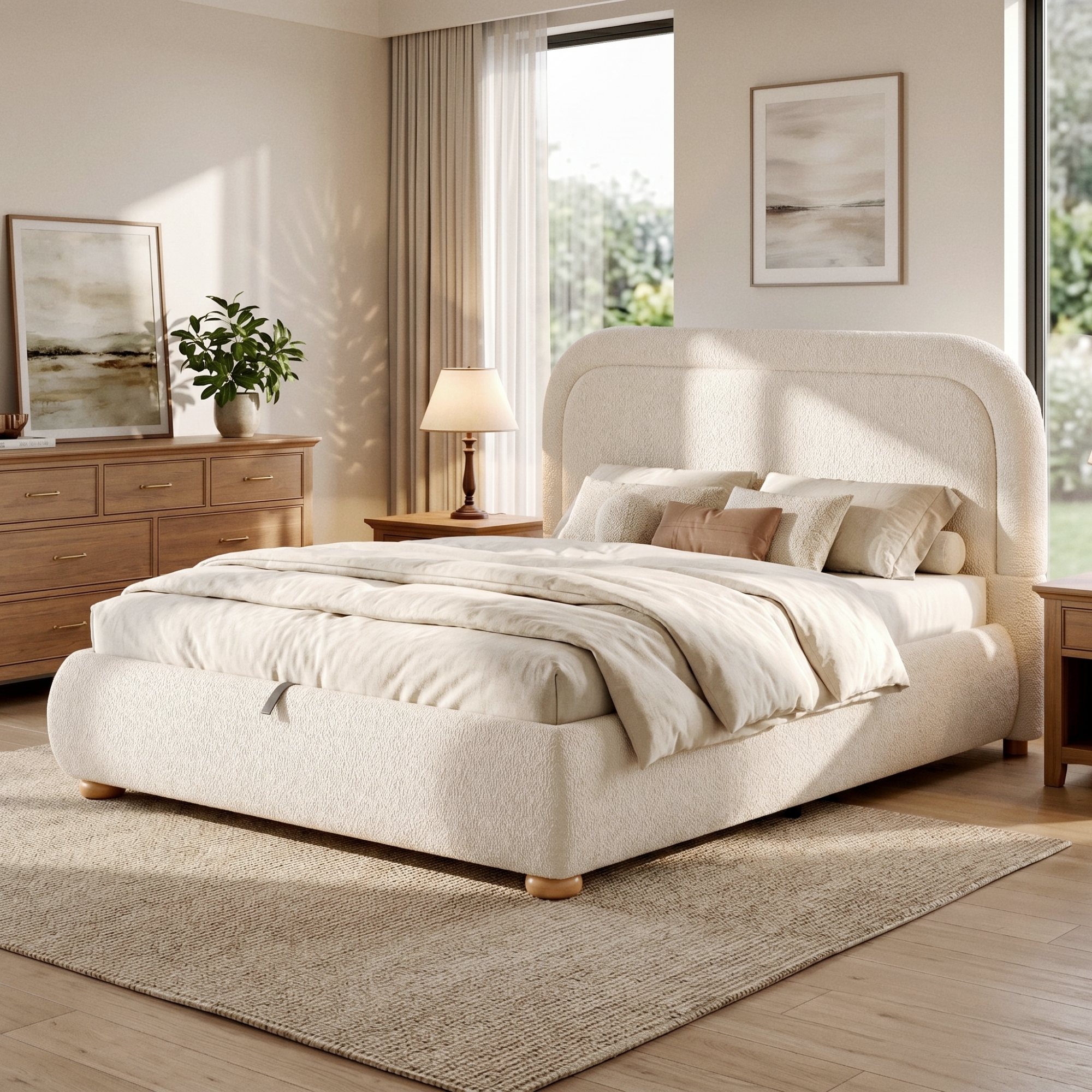 4FT6 Double Ottoman Storage Bed Frame 135 X 190 Cm Boucled Upholstered Lift-Up — image 3