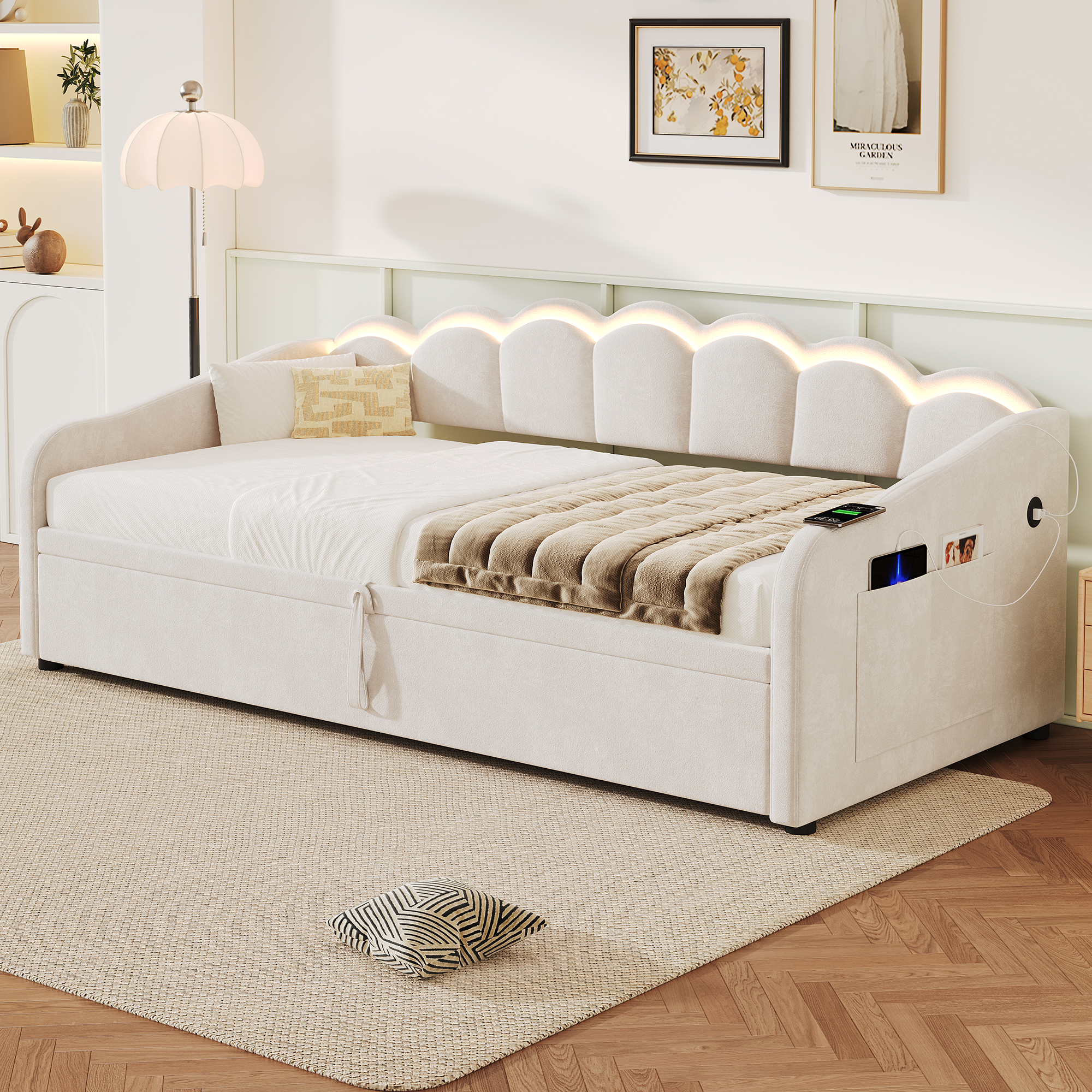 Upholstered Bed 90x190cm, Daybed, RGB LED Sofa With Charging Station, 3ft Petal — image 3