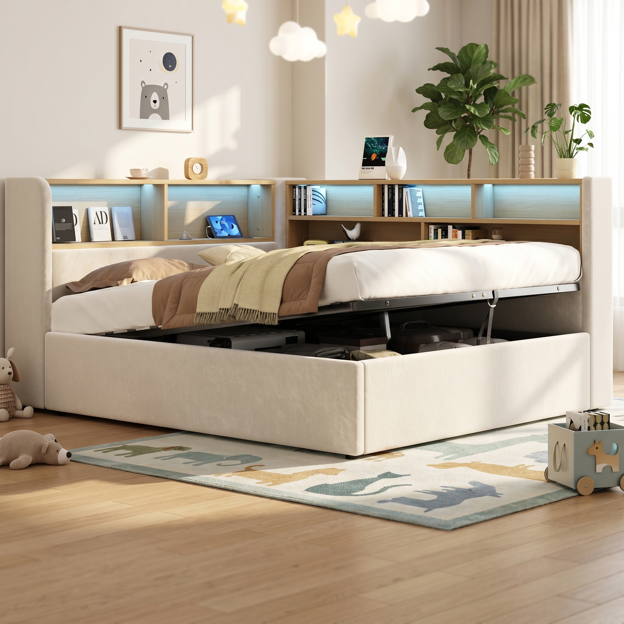 Daybed, L-shaped Upholstered Hydraulic Lift-Up Storage Bed, Sofa With LED, USB — image 3