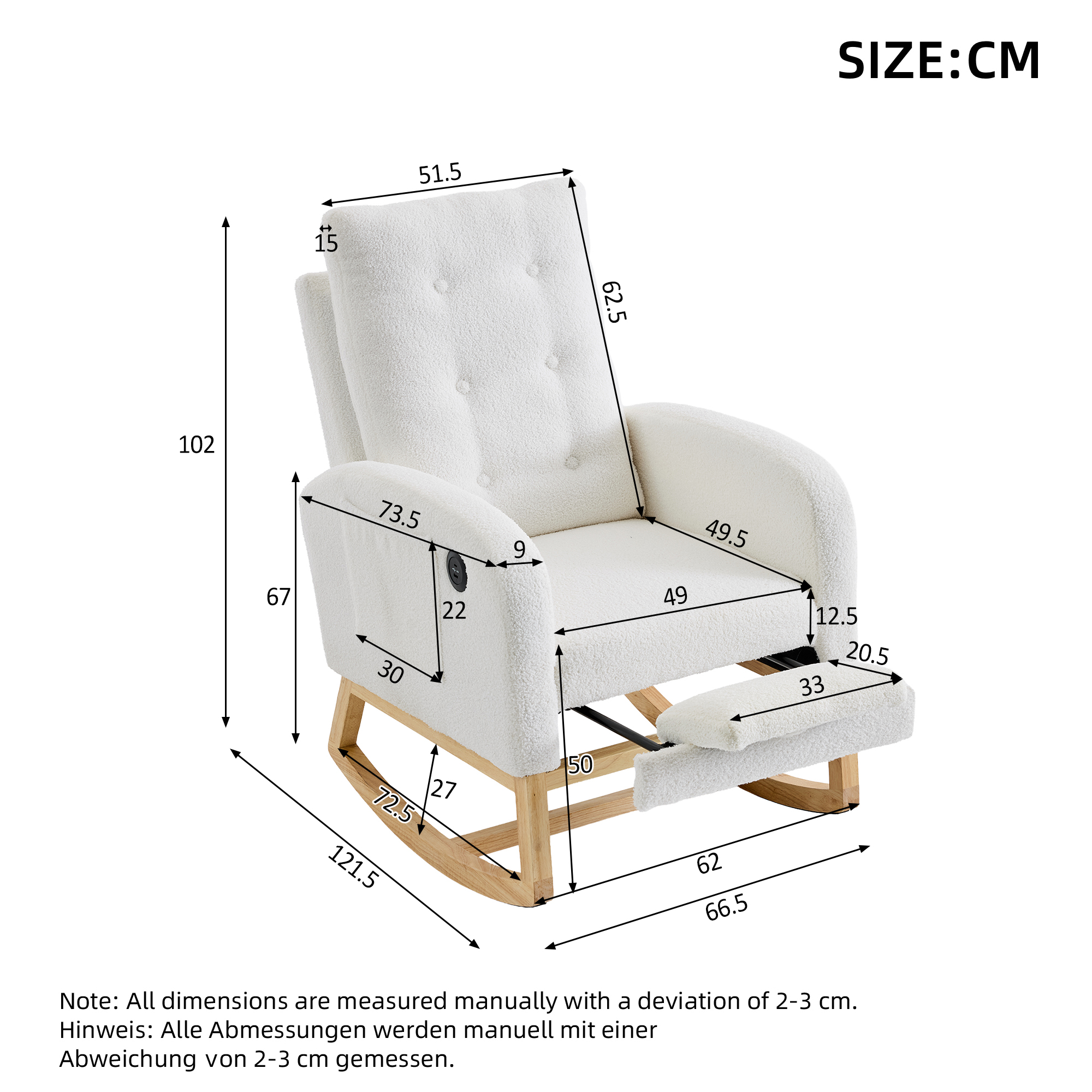 66.5x121.5x102cm Rocking Chair With USB Charging Ports, Nursing Armchair,Teddy — image 4