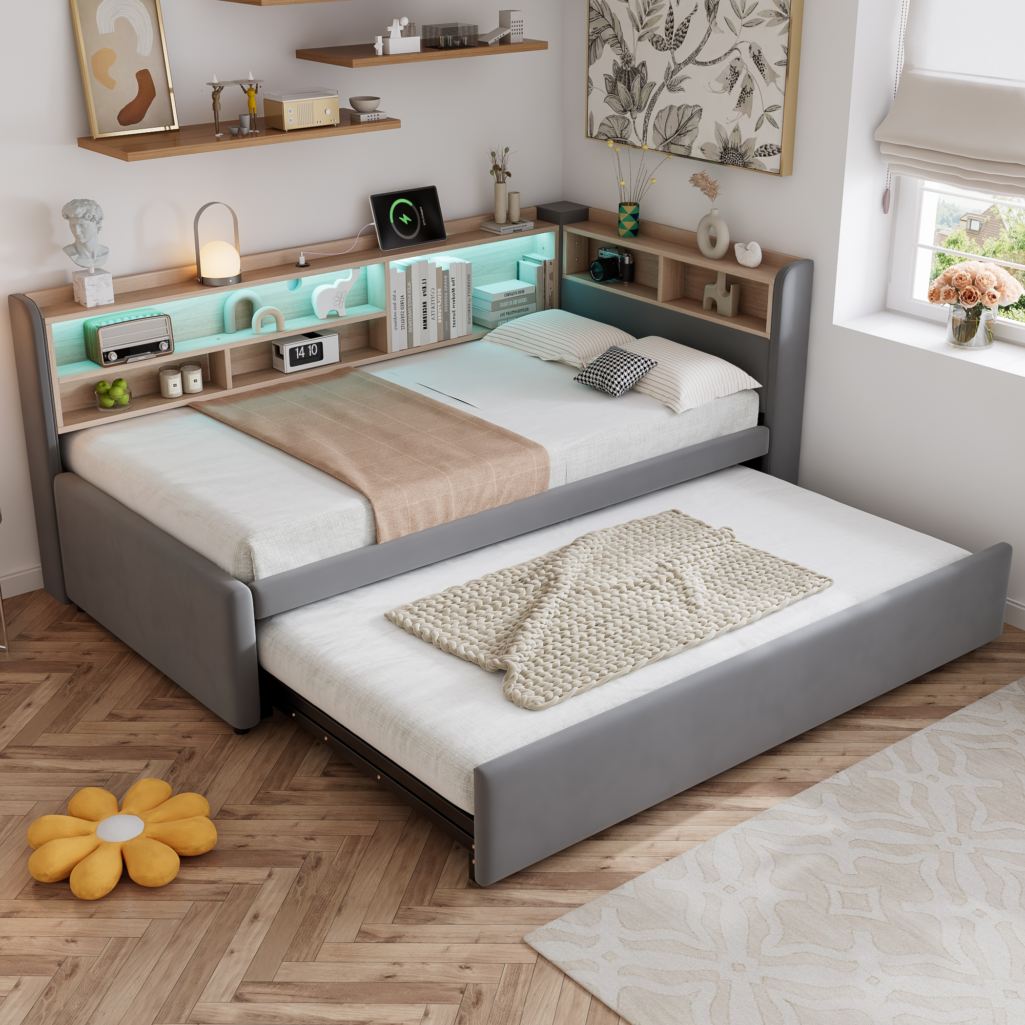 Upholstered Bed, Daybed With Pull Out Trundle, 3FT Single 90x190cm, Sofa — image 3