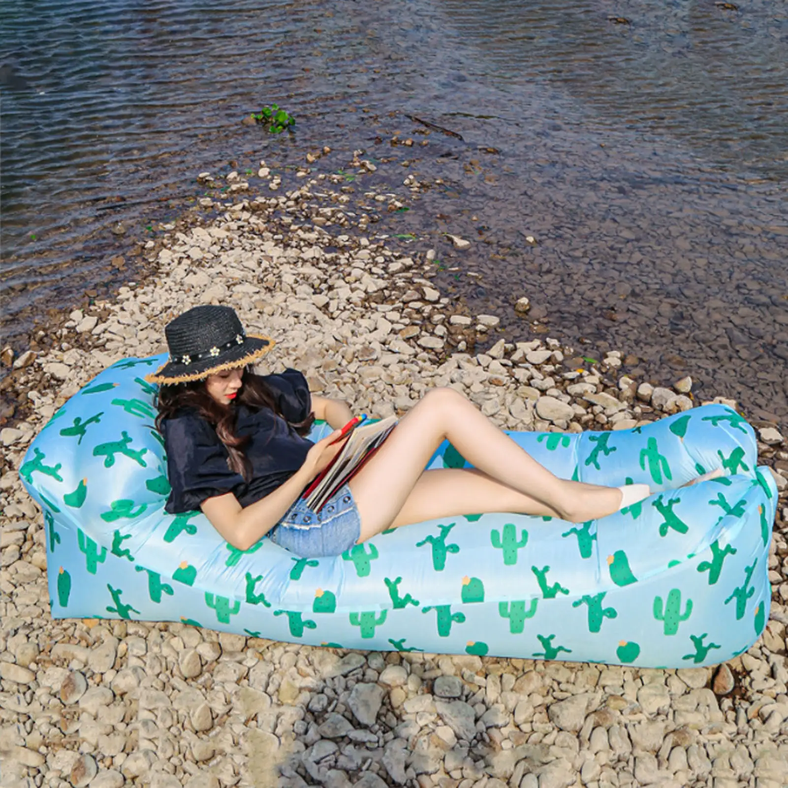 Inflatable Lounger Portable Foldable Polyester Fiber Comfortable Good Load Bearing Capacity Outdoor Air Chair For Hiking Picnic Music Festival Pillow Cacti 180x