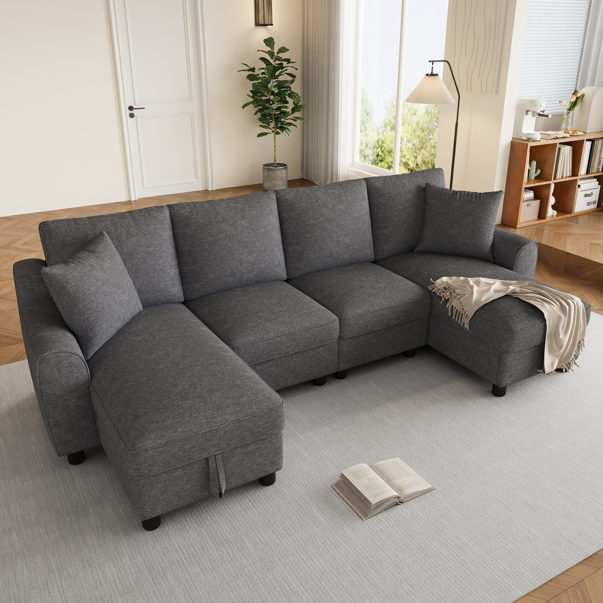 Modern Luxury Chenille U-Shaped Sectional Sofa With 2 Storage Chaise Lounges, 2 Square Cushions, Comfy Couch For Living Room, Grey, 280 X 137 X 84 Cm product image