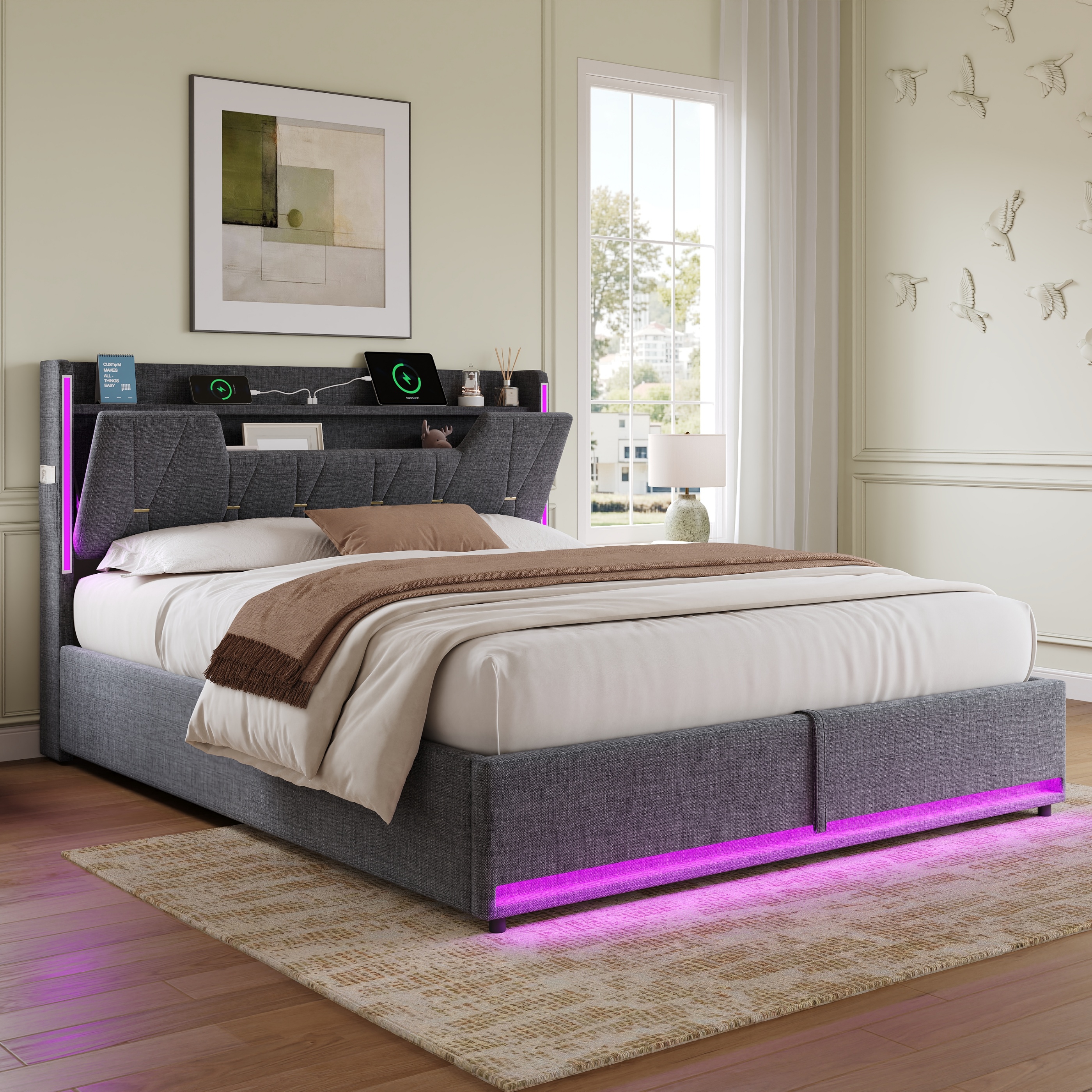 5ft King Upholstered Bed Frame With Hydraulic Storage, LED X-Shape Headboard — image 2