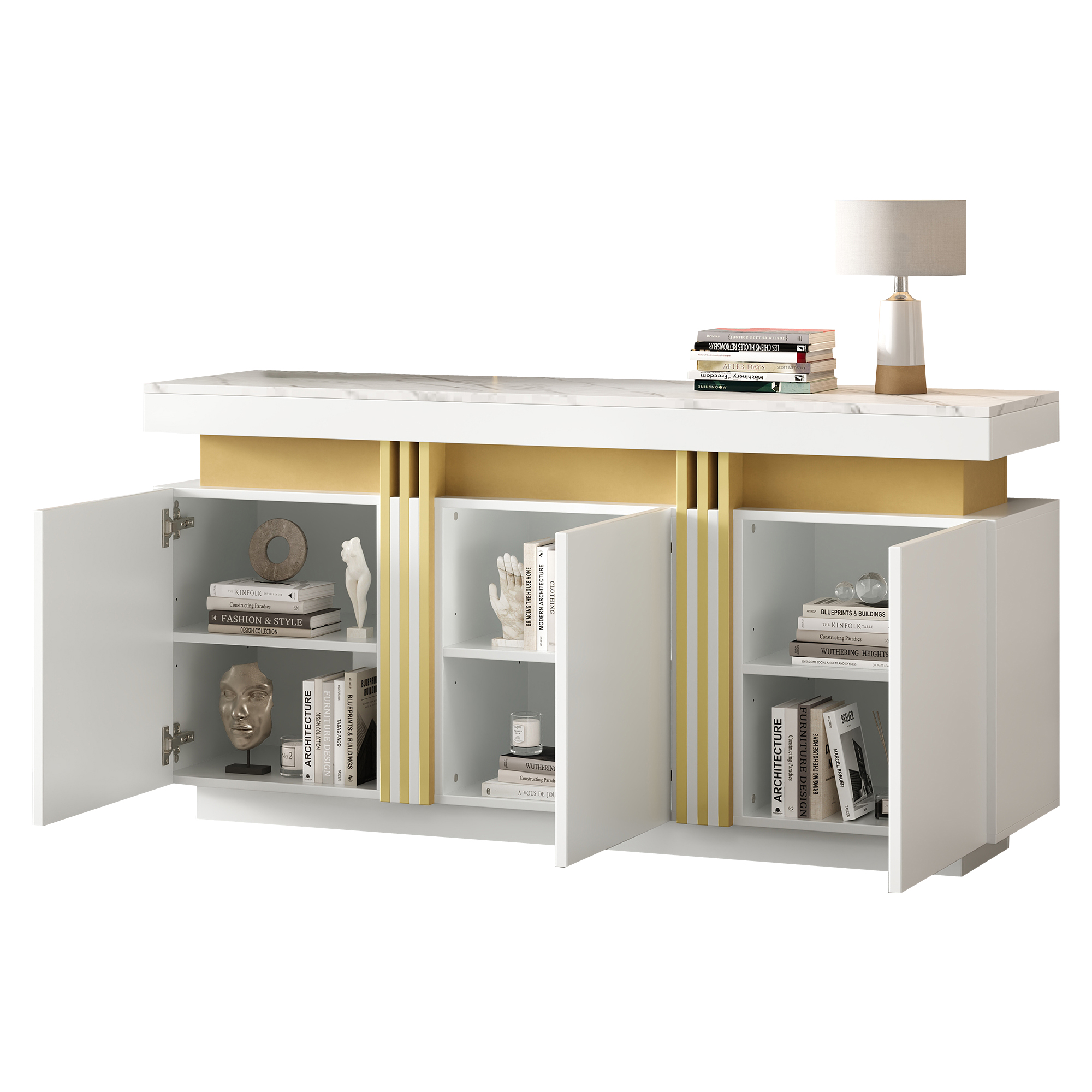 Modern White & Gold Buffet Cabinet, 55'' Sideboard With Faux Marble Top — image 5