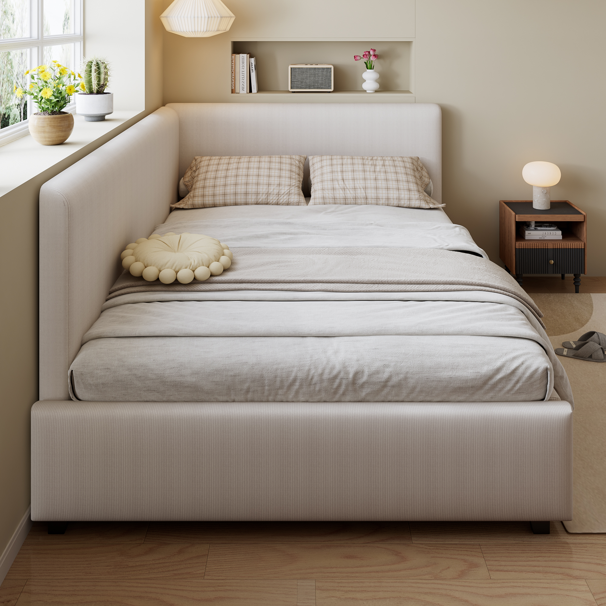 Upholstered Bed, 4ft6 Double Bed 135x190cm, With Wooden Slats, With Side Rails On The Bed, With Two Comfortable Headboards, Easy Assembly, Corduroy Plywood, Beige No Mattress product image