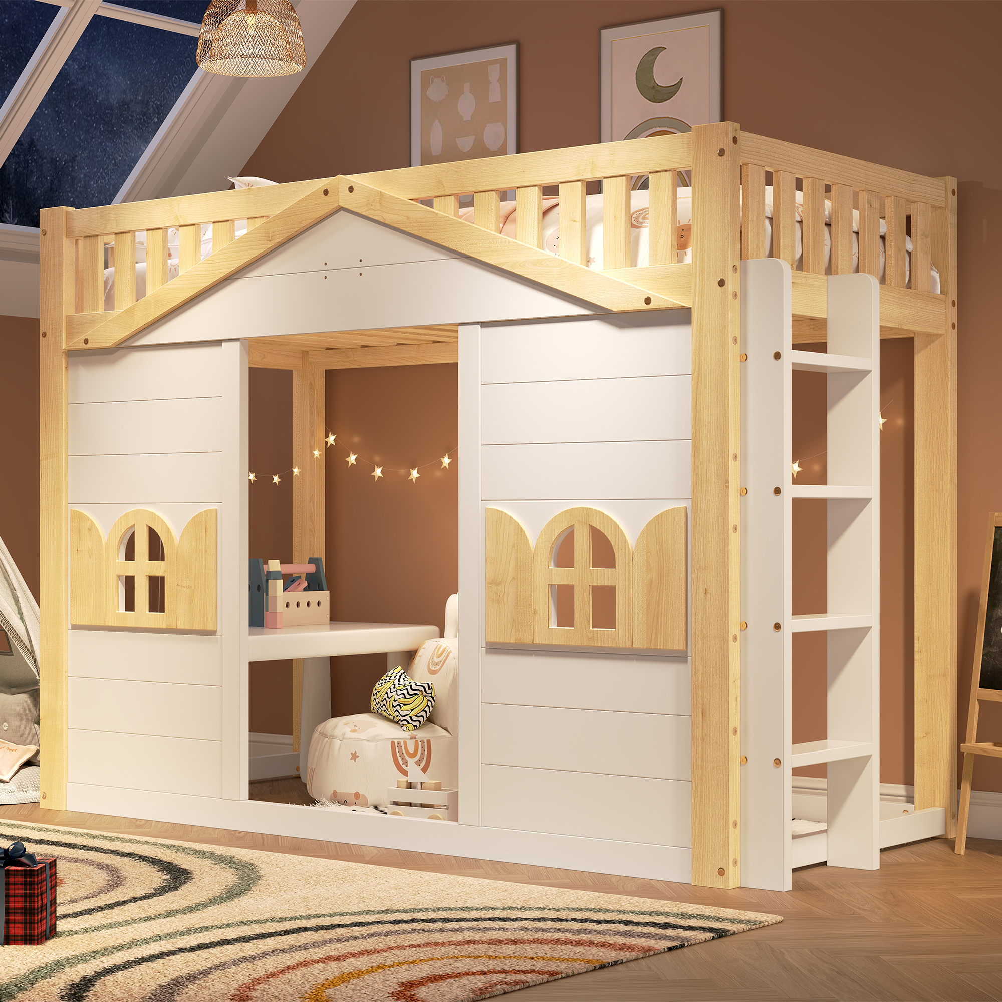 Bunk Bed, Loft Children's Wooden House 90x190cm, Window Shape, Underneath Used — image 4