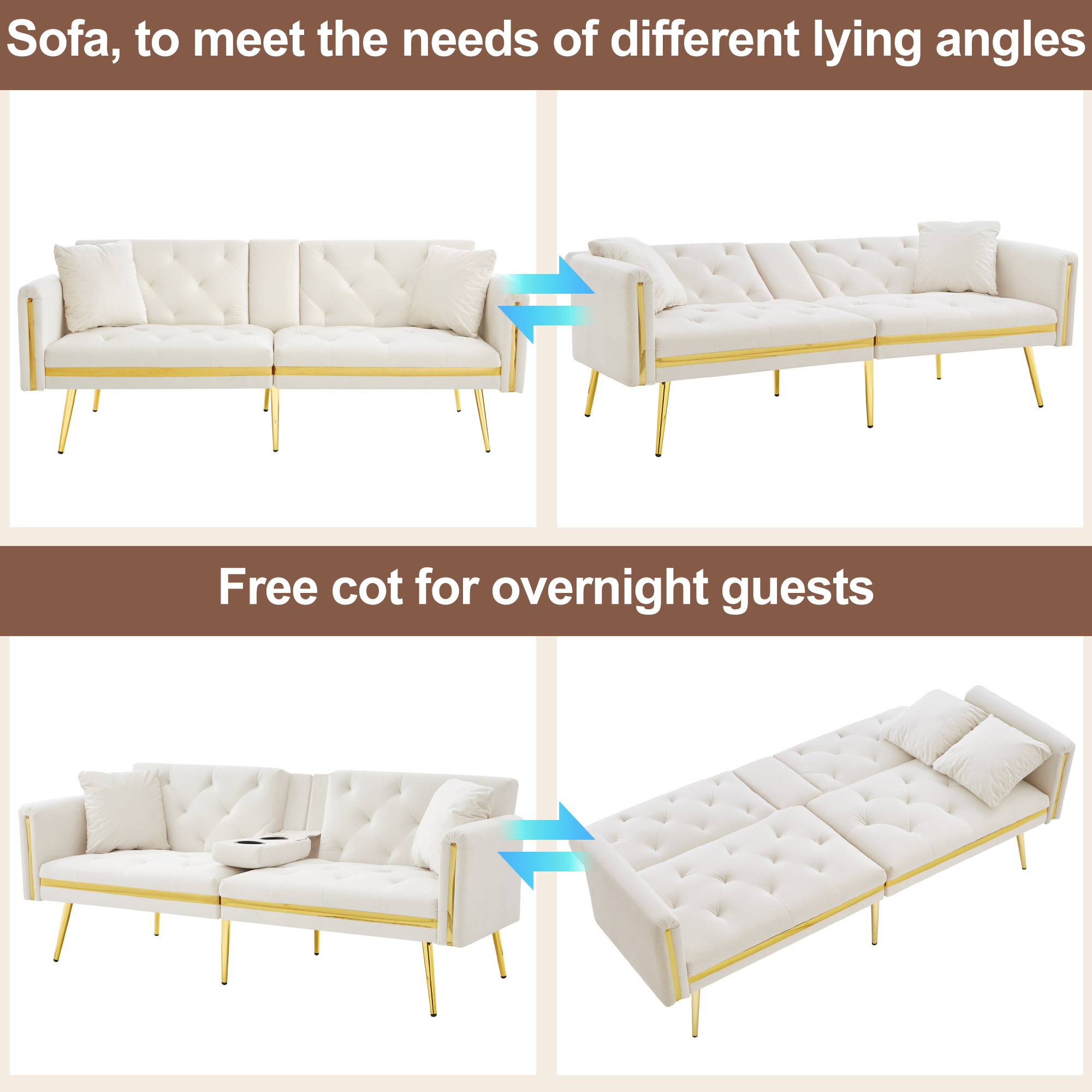 Two-seater Sofa Bed With Adjustable Backrest, Gold Accents And Built-in Cup — image 2