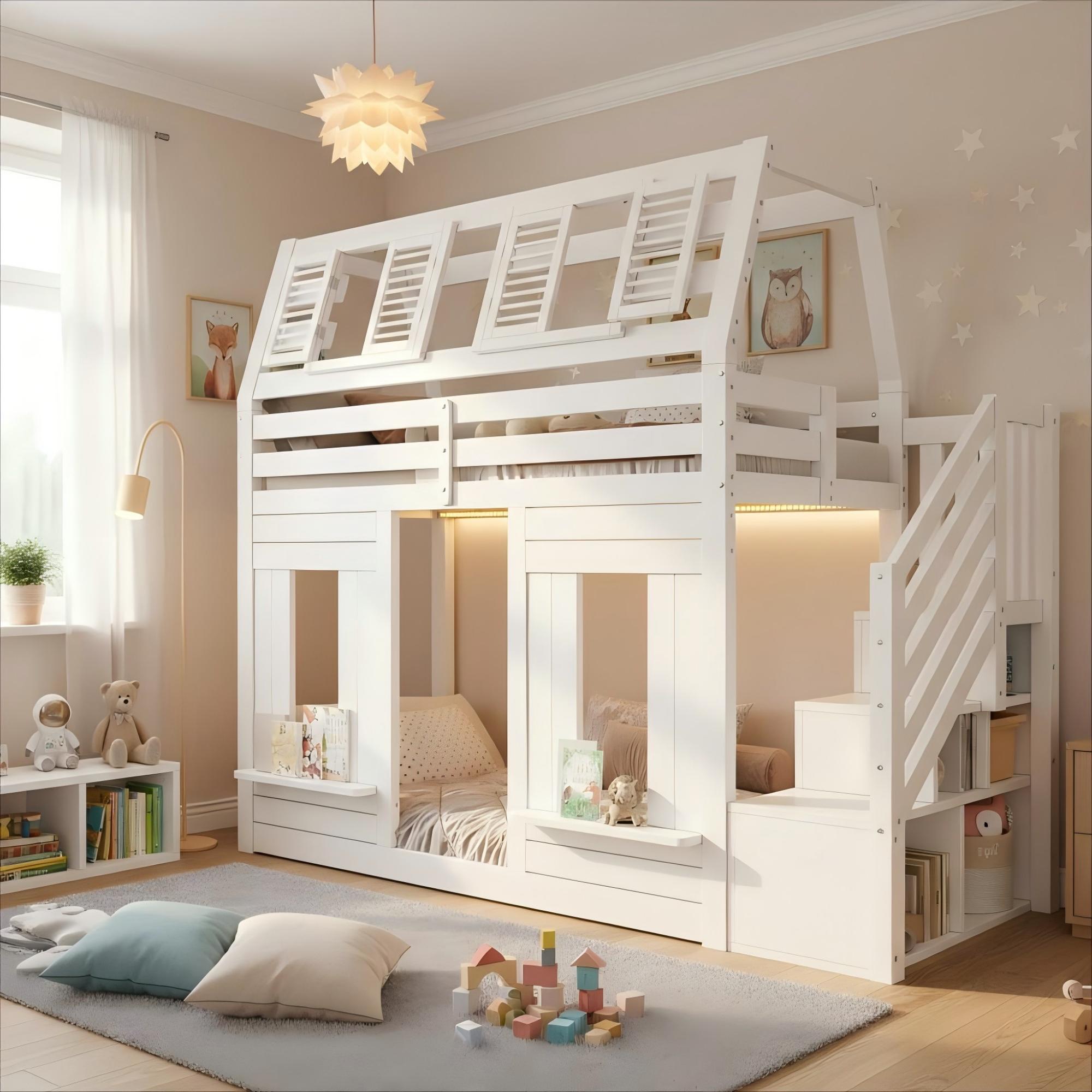 Bunk Bed, Loft Children's Wooden House 90x190cm With LED, Fall Protection — image 5
