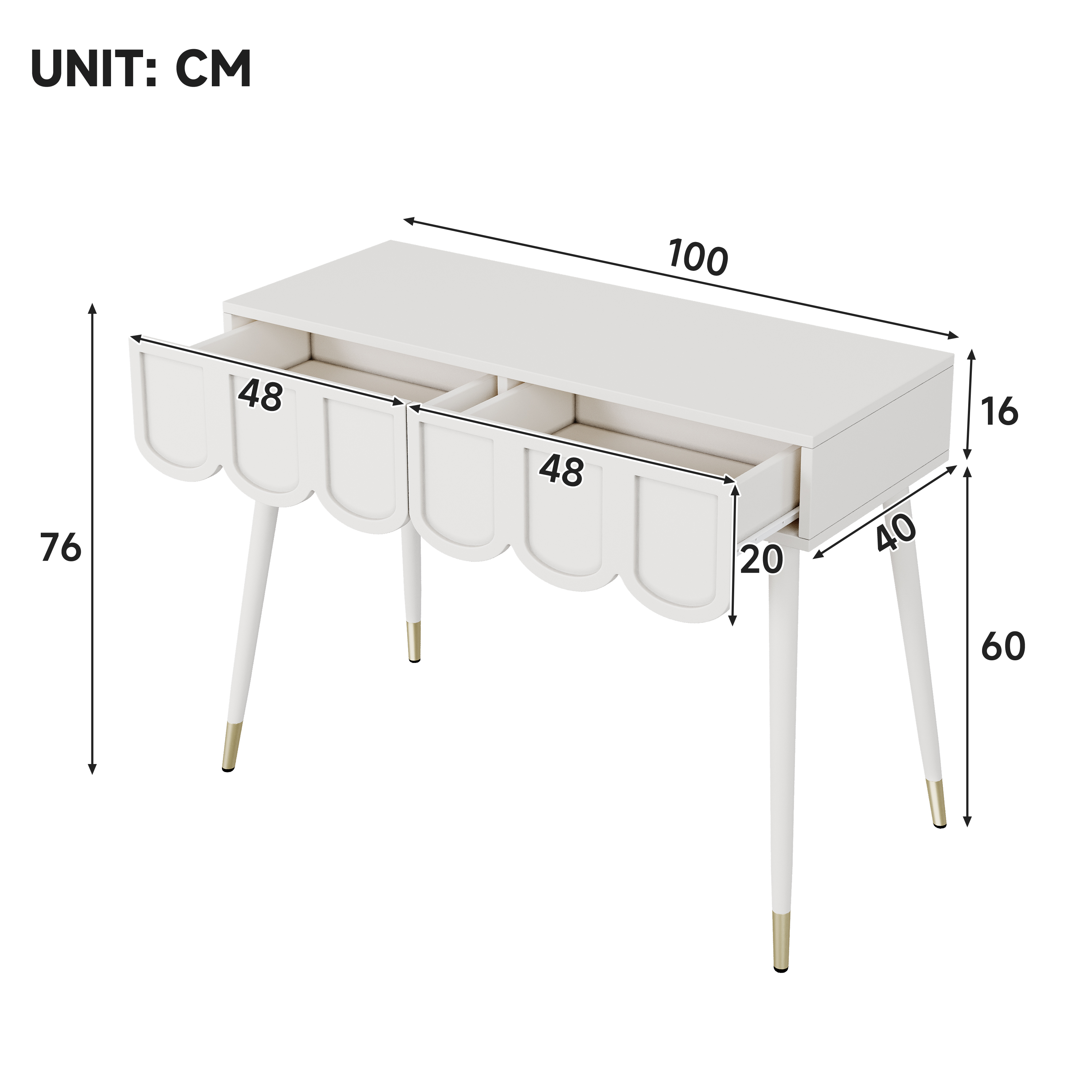 Vanity Table Dressing With 2 Drawers, Metal Legs, White, Dimensions W100 X D40 — image 2