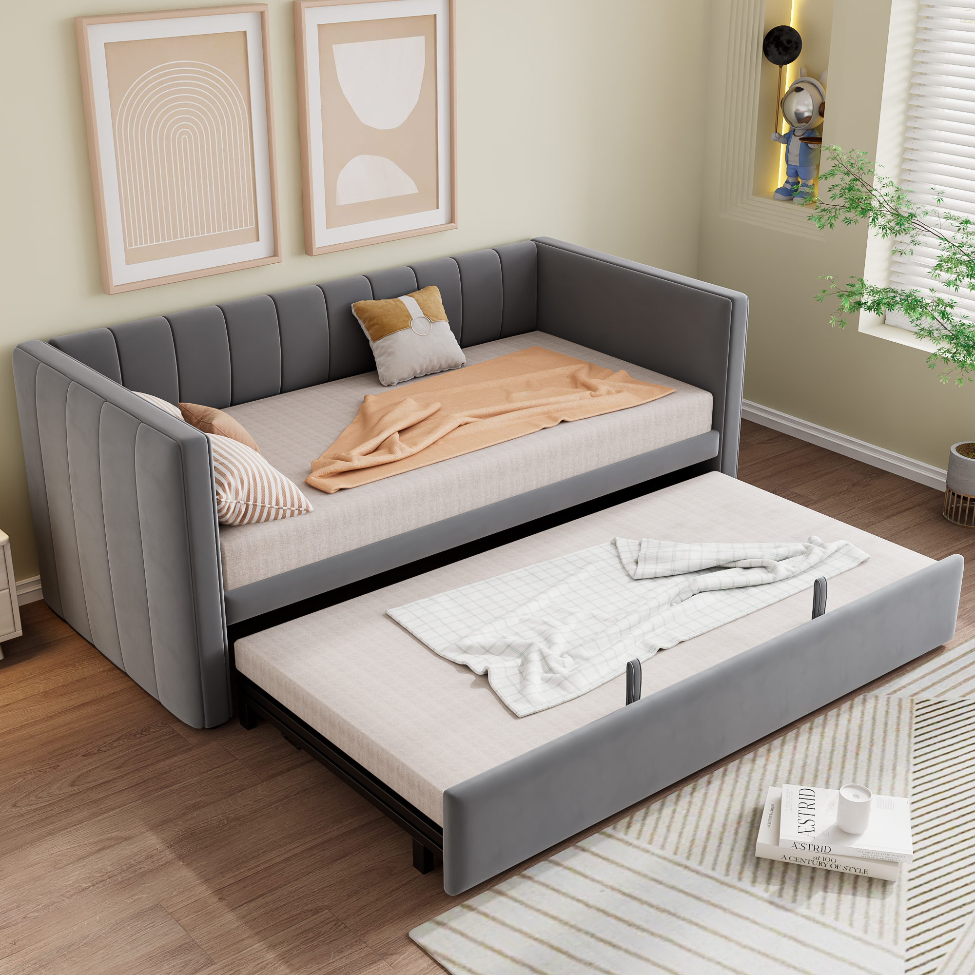 Upholstered Bed, Daybed With Pull Out Trundle, 3FT Single 90x190cm, Sofa Modern — image 5