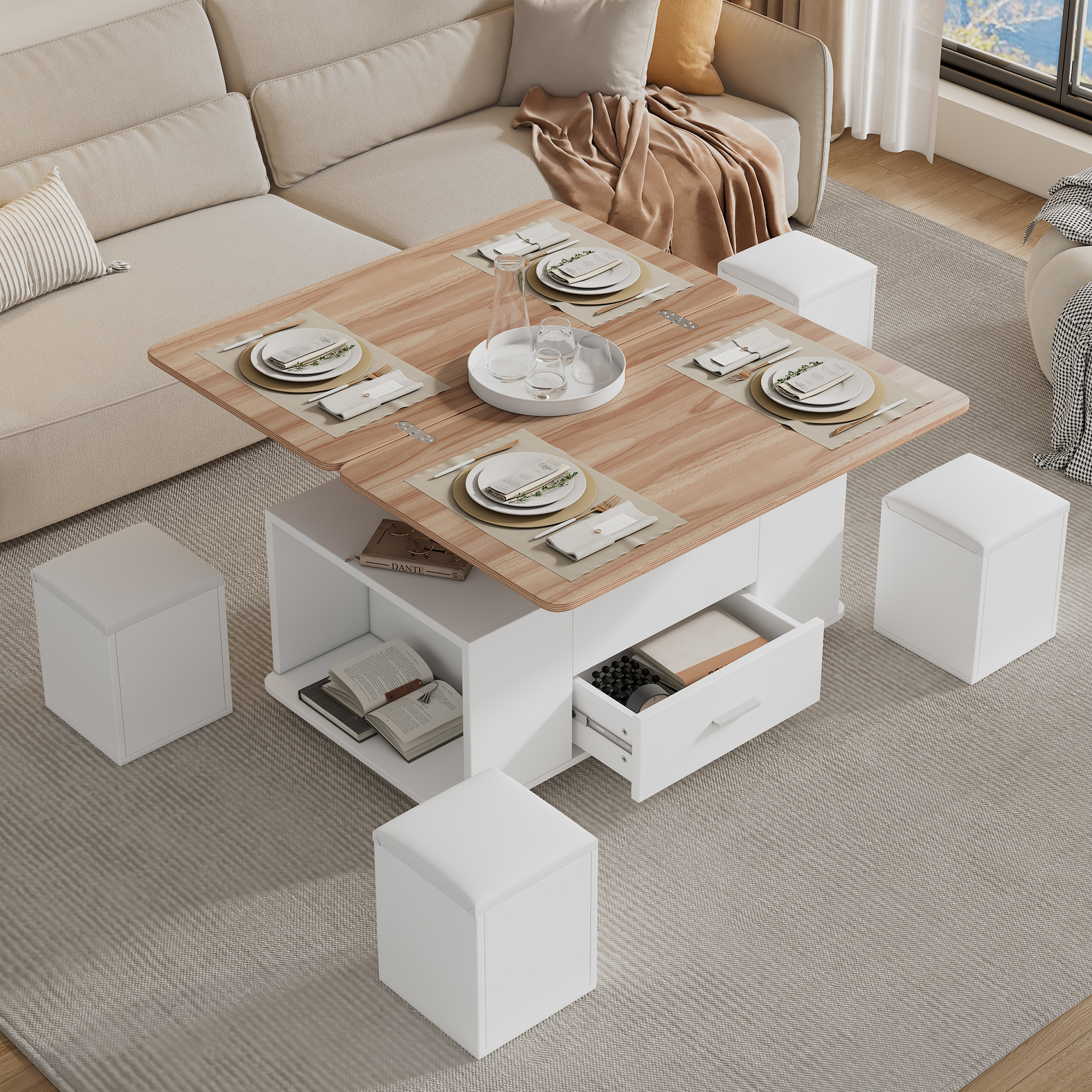 Lift Top Coffee Table With Wheels, Convertible Dining & Work Table With 4 Stools, Hidden Storage, Extendable Side Table, Space-saving End Table,Tea Table, White Natural Wood, 100x50x45cm Folded product image