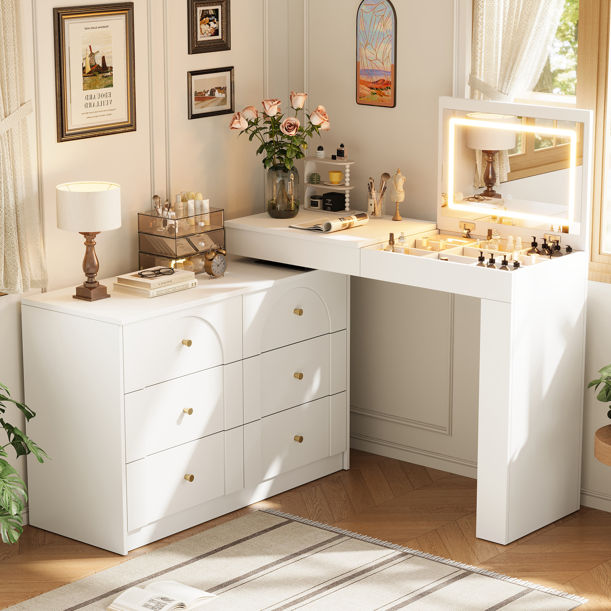 Modern L-Shaped Vanity Desk Study Table With LED Flip Mirror, 7 Drawers — image 4
