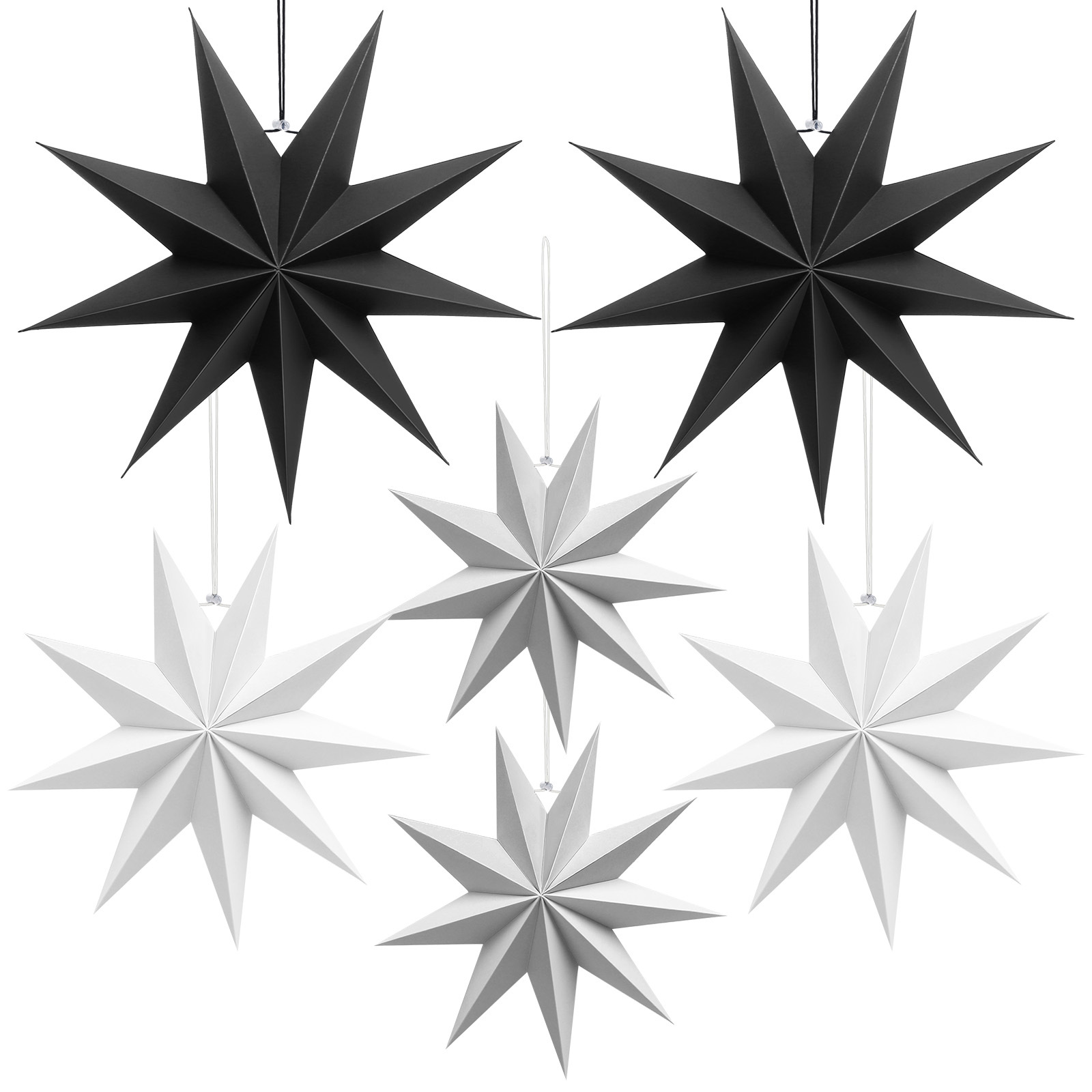 Star Ornament Set – 6 Decorative Stars In 3 Sizes (40, 30, 25 Cm) & Colors (Black, White, Gray) For Christmas, New Year's, And Holiday Decorations