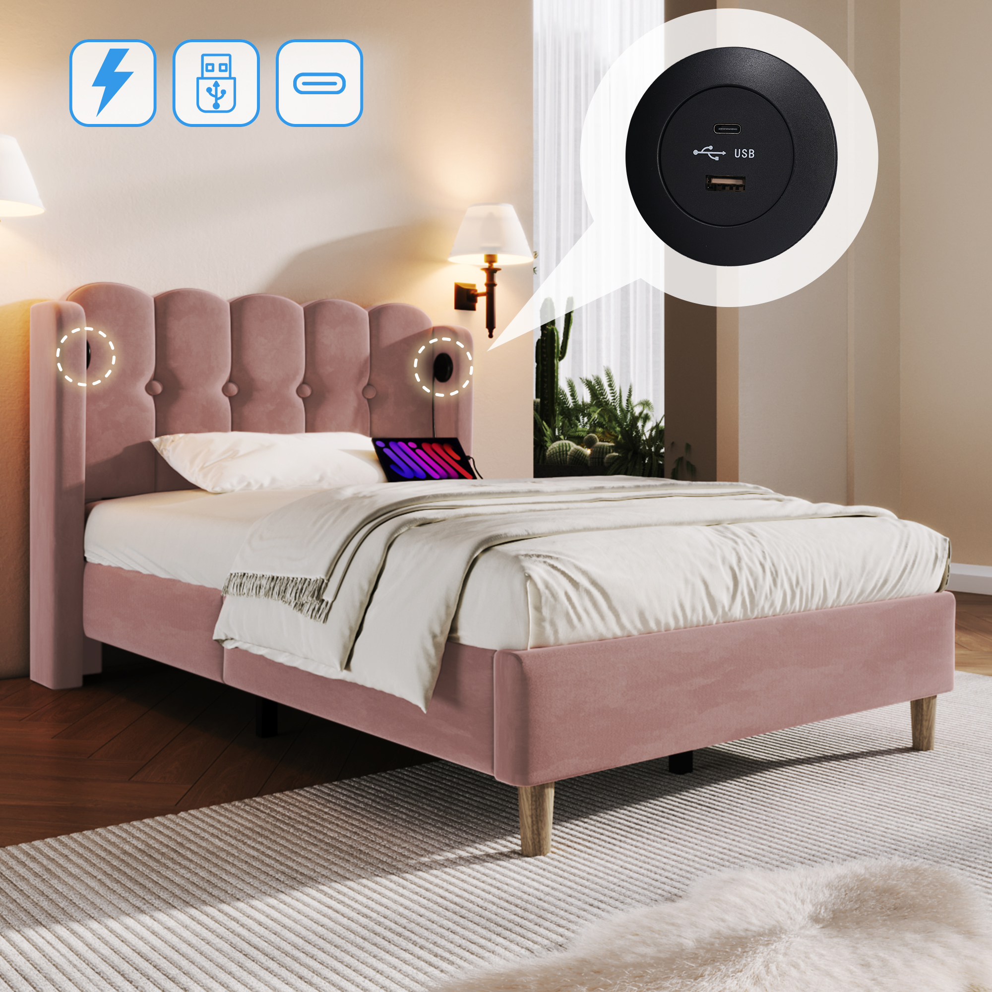 Upholstered Single Bed With USB And Type-C Charging, 3FT Frame Wooden Slatted — image 3