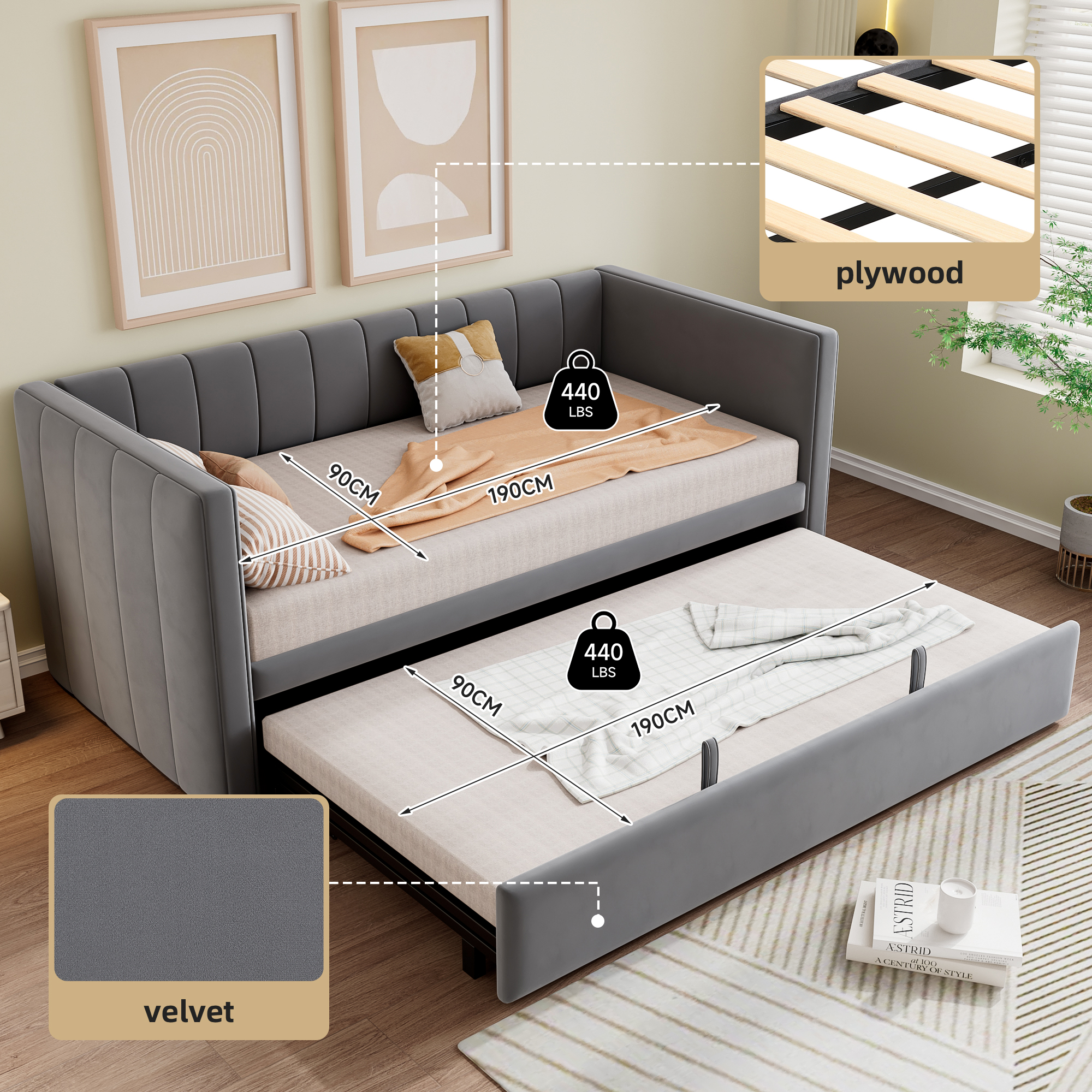 Upholstered Bed, Daybed With Pull Out Trundle, 3FT Single 90x190cm, Sofa Modern — image 2