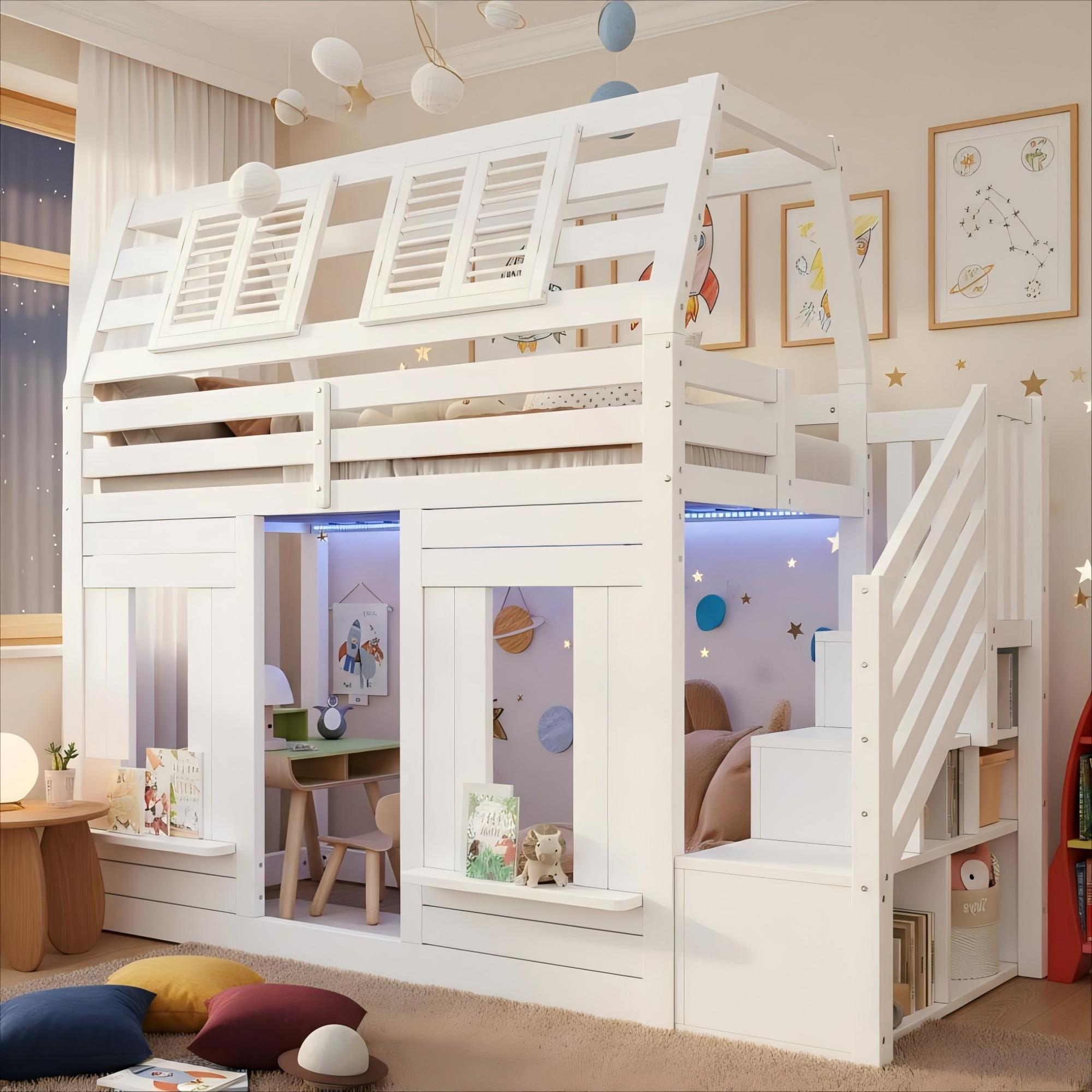 Bunk Bed, Loft Children's Wooden House 90x190cm With LED, Fall Protection — image 3