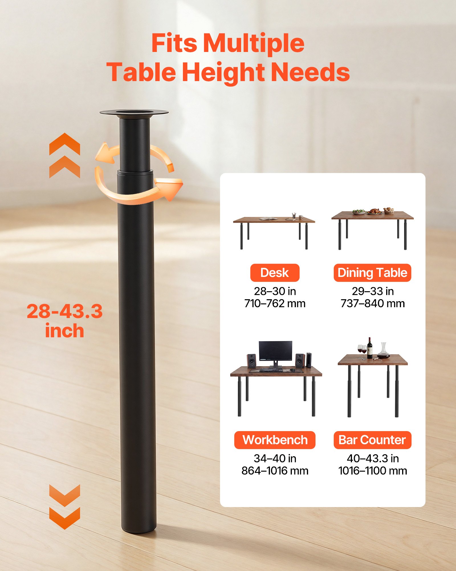 Pieds de table réglables, pieds de meubles en acier de 28 à 43,3 pouces – Image 2