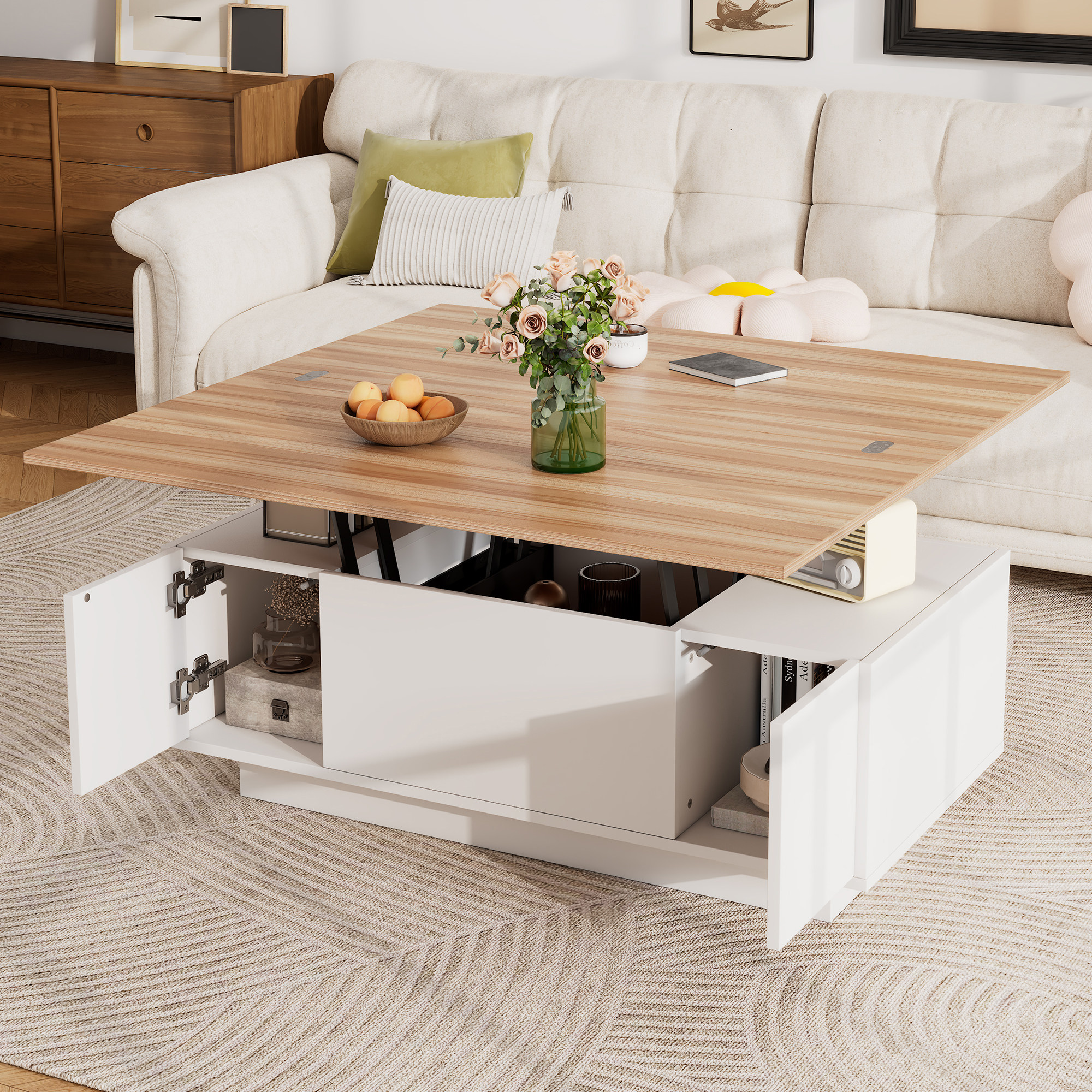 Table basse élévatrice avec rangement caché, 2 portes centrales 2