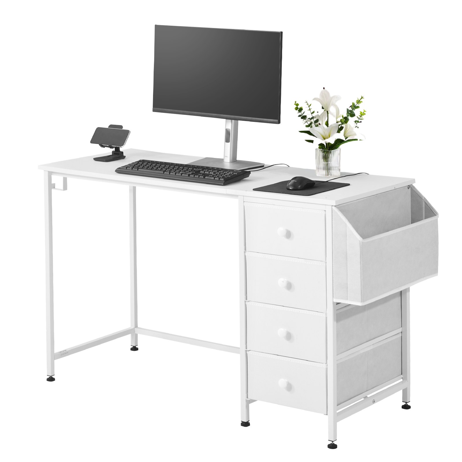 Computer Desk With Fabric Drawers, 120 Cm Reversible Study Work Writing Desk For Modern Home Office Bedroom, Simple Modern Cute PC Table Metal Frame Business Furniture, White product image