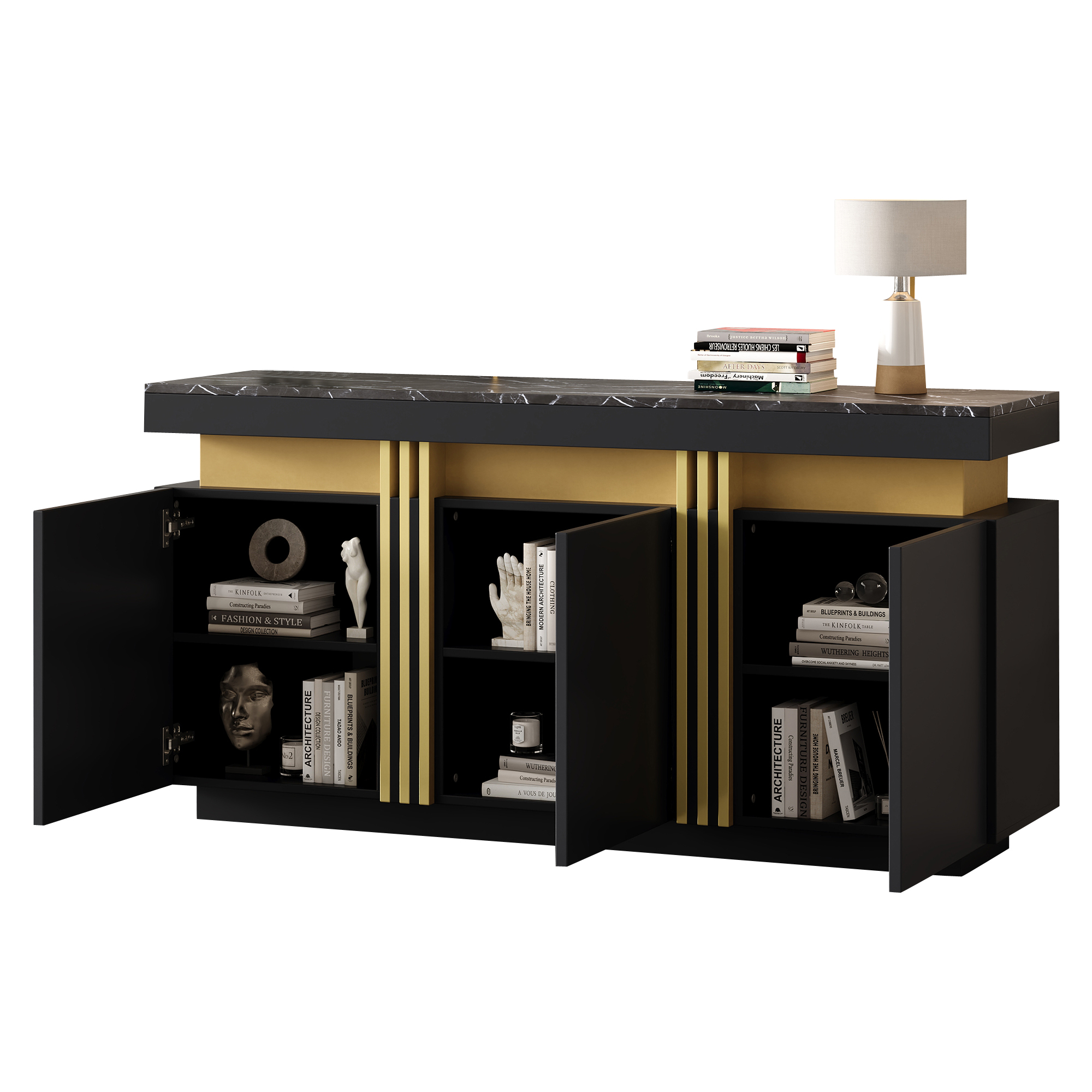 Modern Black & Gold Buffet Cabinet, 55'' Sideboard With Faux Marble Top — image 3