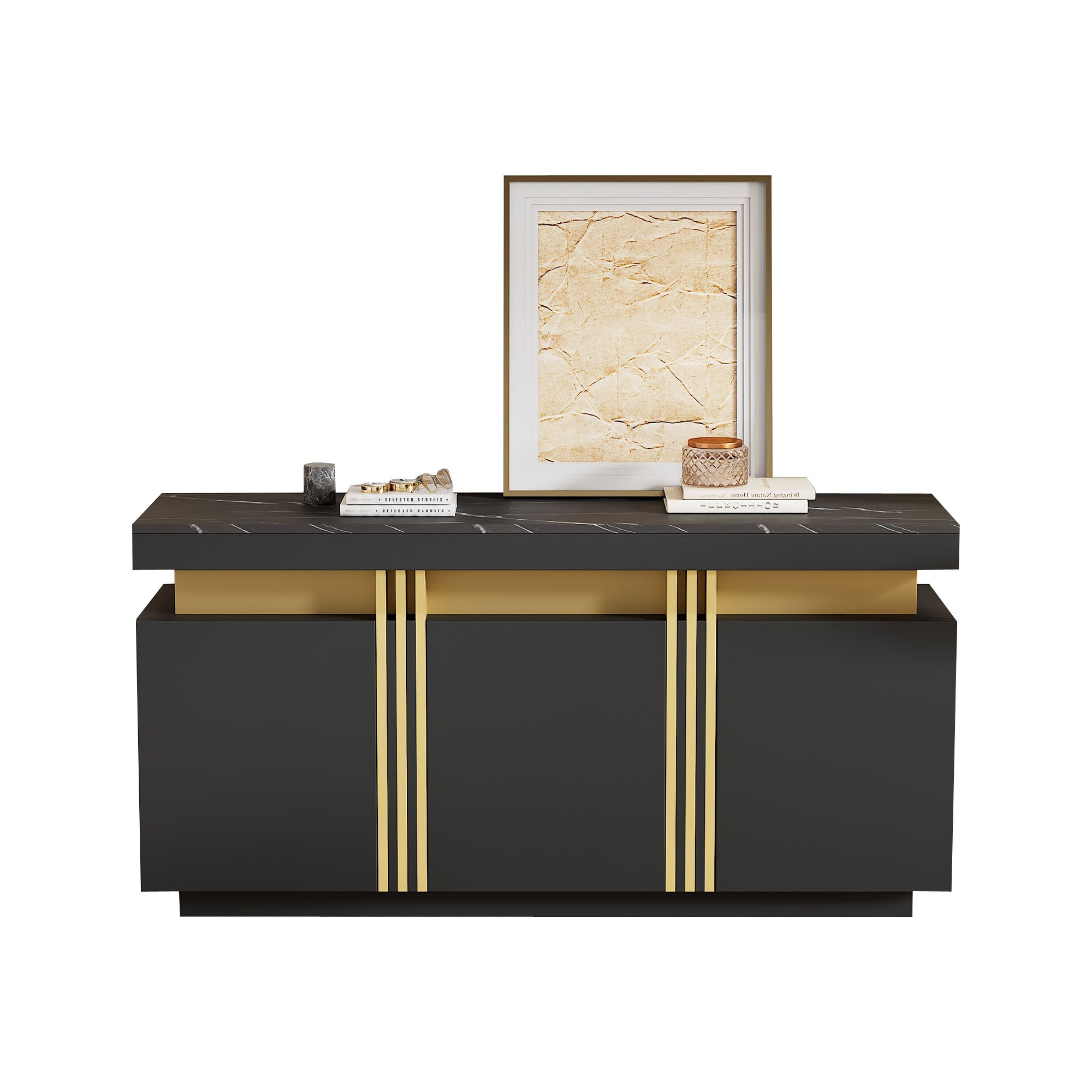 Modern Black & Gold Buffet Cabinet, 55'' Sideboard With Faux Marble Top — image 4