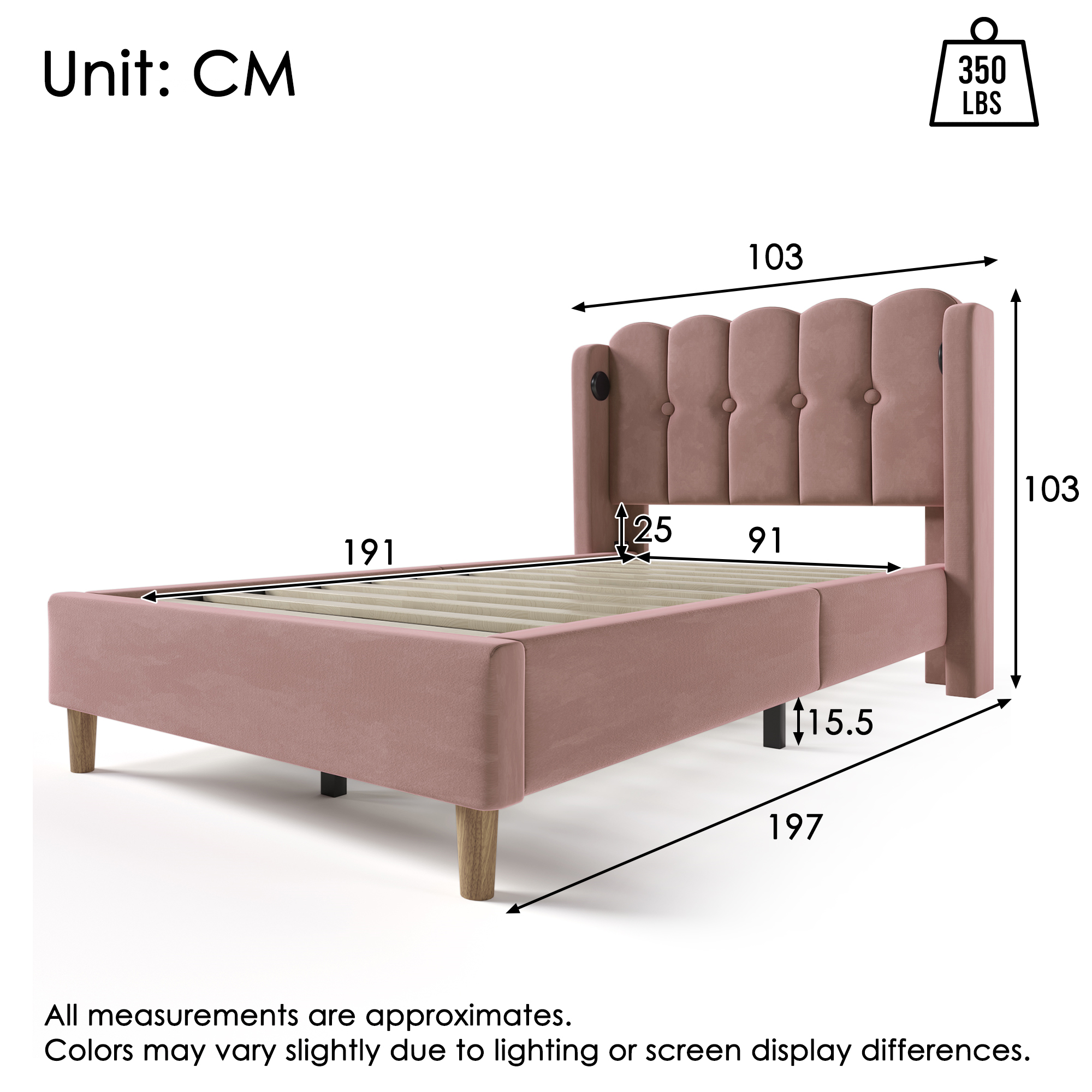Upholstered Single Bed With USB And Type-C Charging, 3FT Frame Wooden Slatted — image 4