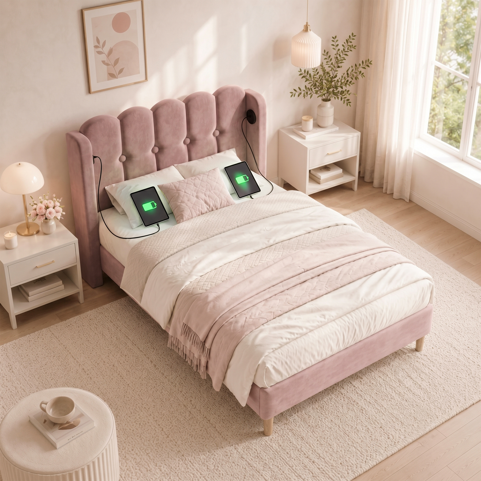 Upholstered Single Bed With USB And Type-C Charging, 3FT Bed Frame With Wooden Slatted Frame, Teenager Bed For Bedroom & Guest Room, 90 X 190 Cm, Pink, Velvet No Mattress. product image