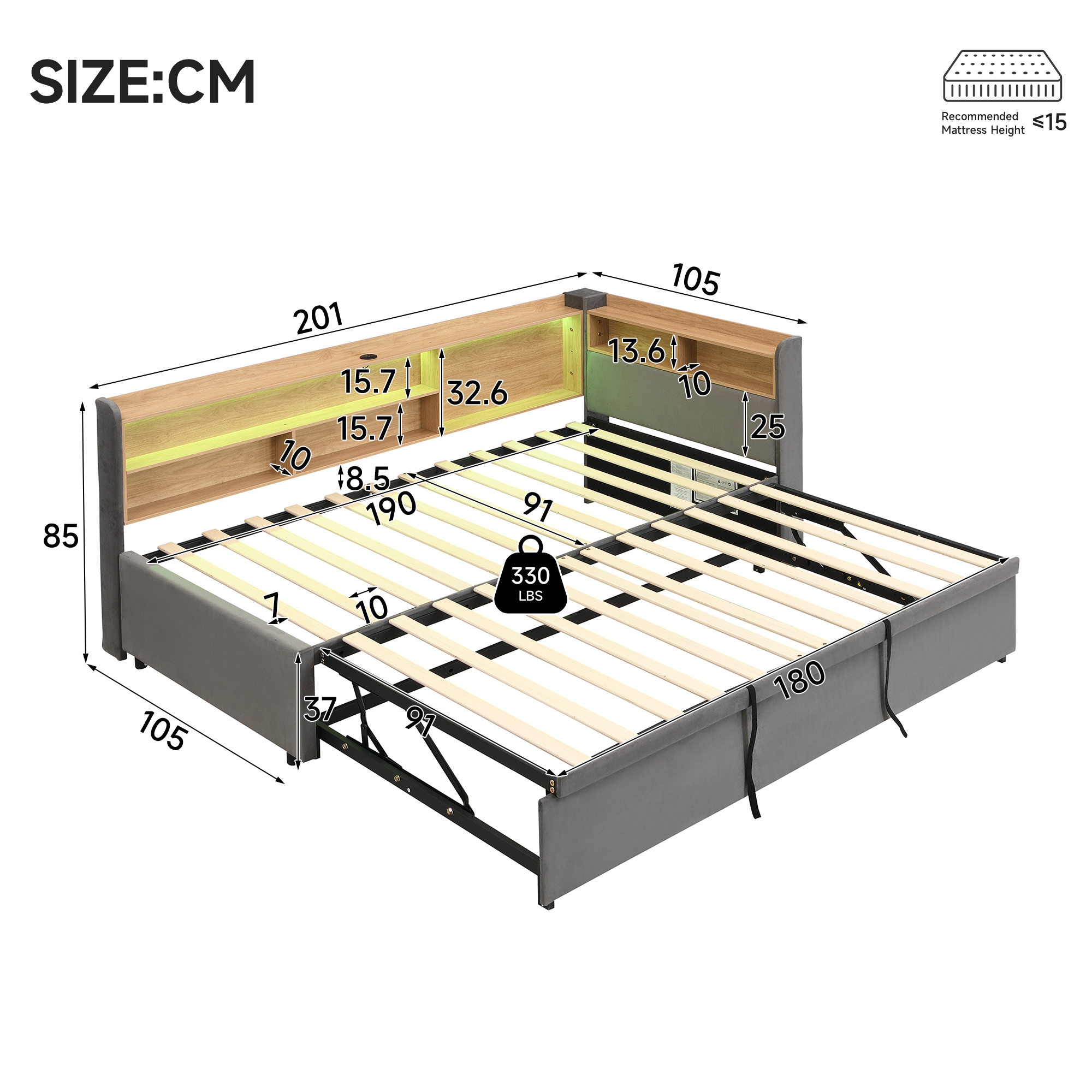 Upholstered Bed, Daybed With Pull Out Trundle, 3FT Single 90x190cm, Sofa — image 5