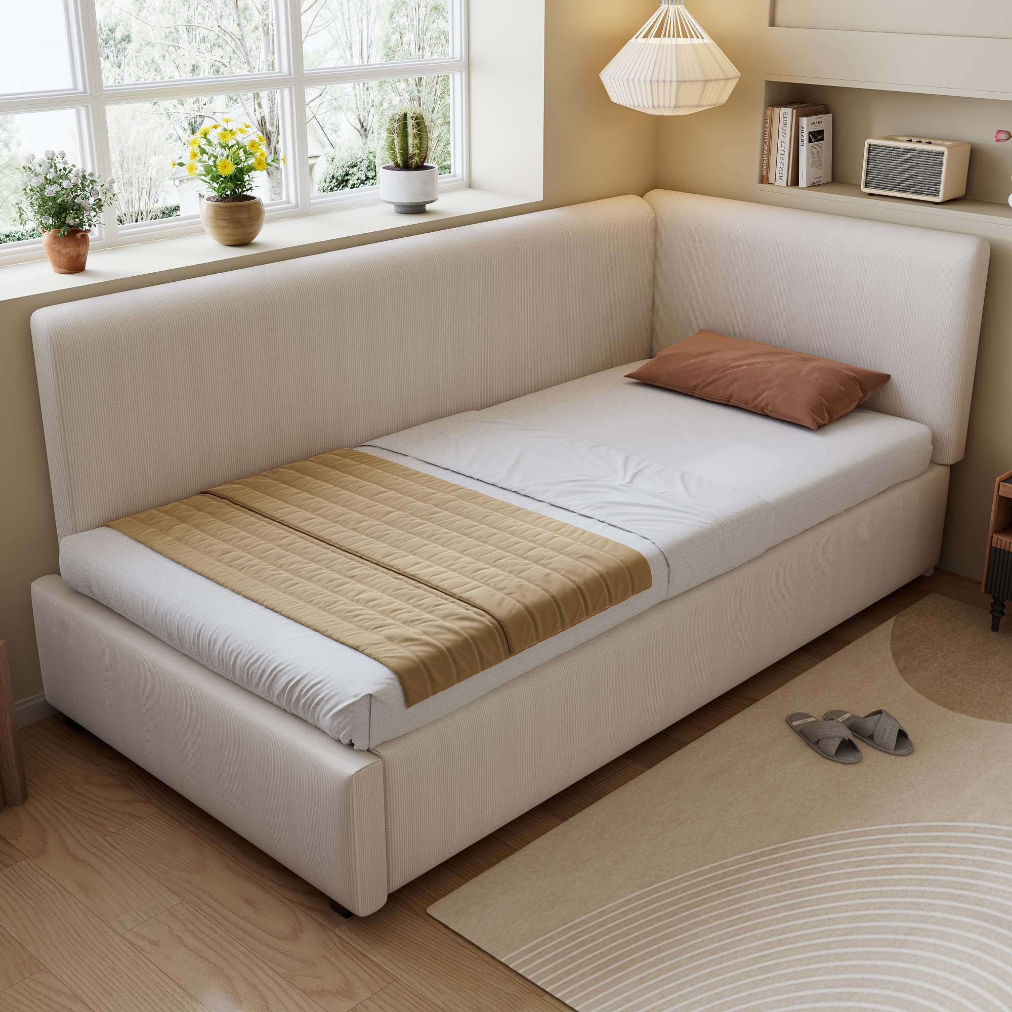 Upholstered Bed, 3ft Single 90x190cm, Modern Corduroy Youth With Wooden Slats — image 4