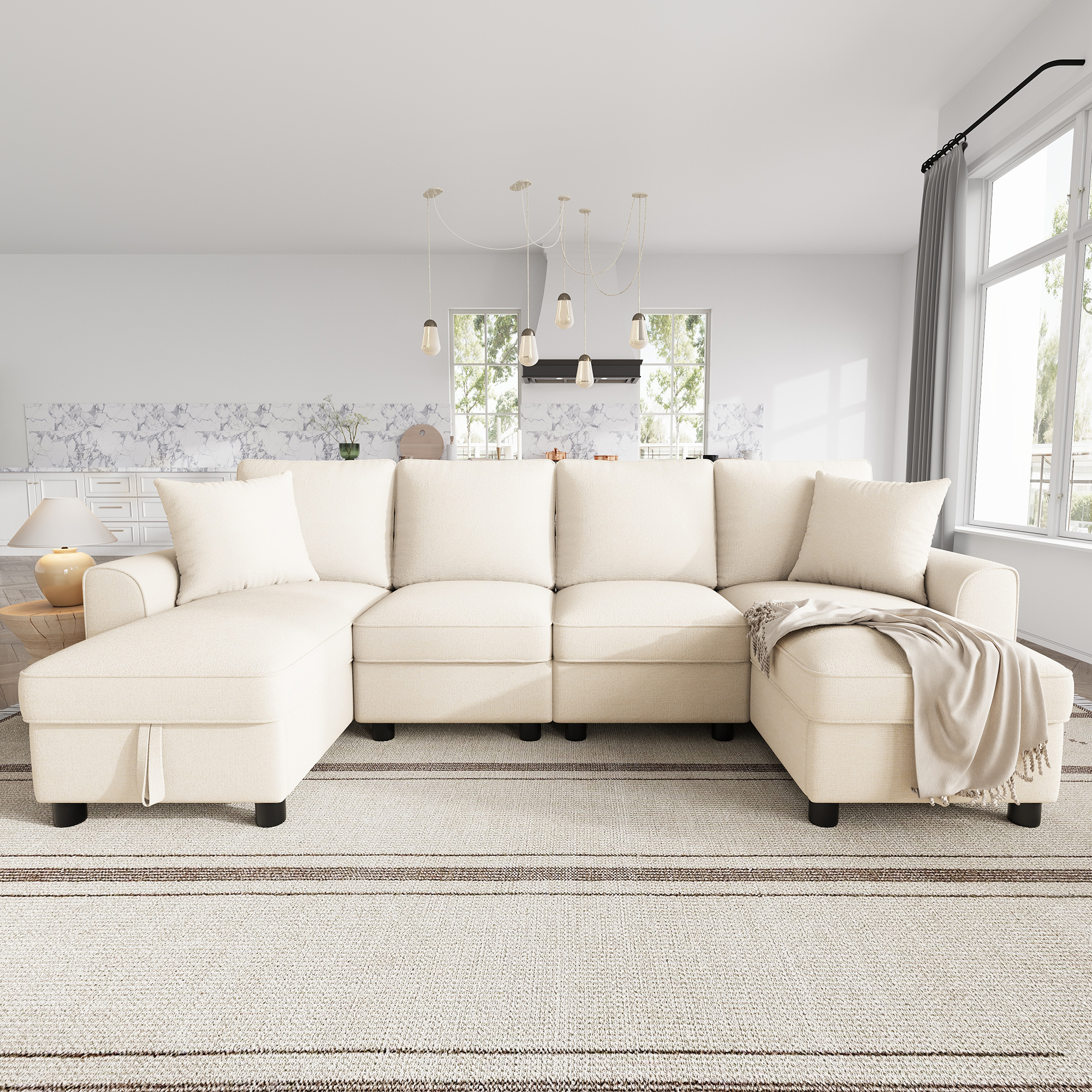 Modern Chenille U-Shaped Sectional Sofa With 2 Storage Chaise Lounges, 2 Square — image 4