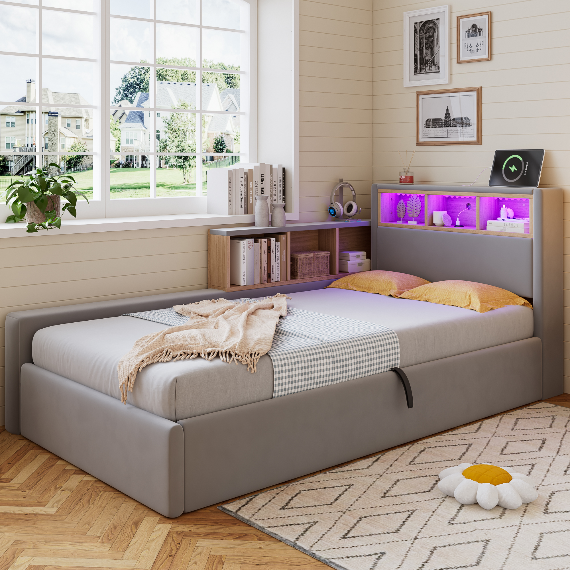 Upholstered Bed, 3FT Single Bed 90x190cm, Daybed Sofa Bed, Modern Velvet Youth Bed, For Adults & Teenagers, With Charging Port, LED Strip, With Storage Space, Easy Assembly, Velvet, Grey No Mattress product image