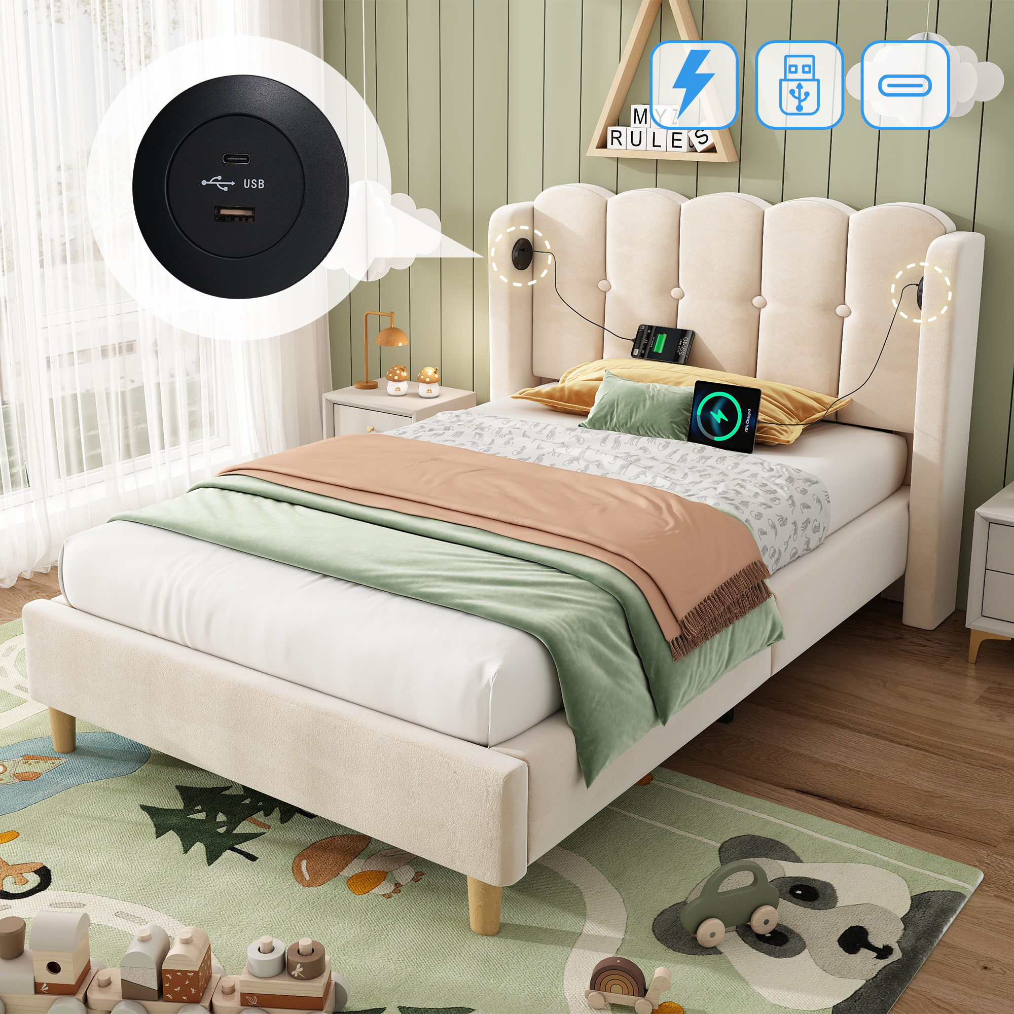 Upholstered Single Bed With USB And Type-C Charging, 3FT Frame Wooden Slatted — image 4