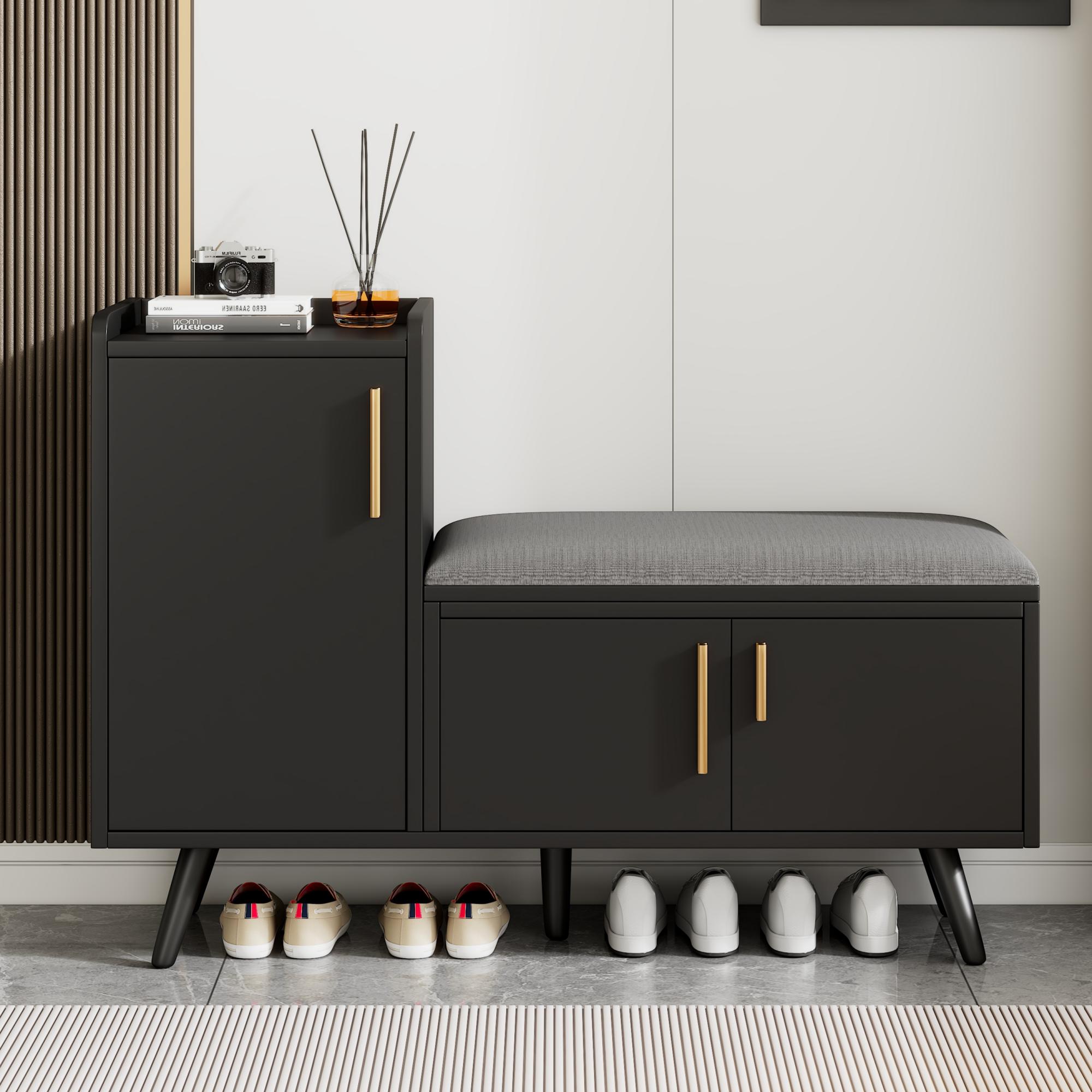 Modern Shoe Bench   Storage Cabinet, Adjustable Storage Space For Boots Or Heels, Asymmetrical Metal Handles, Black, 100 X 34 X 69 Cm