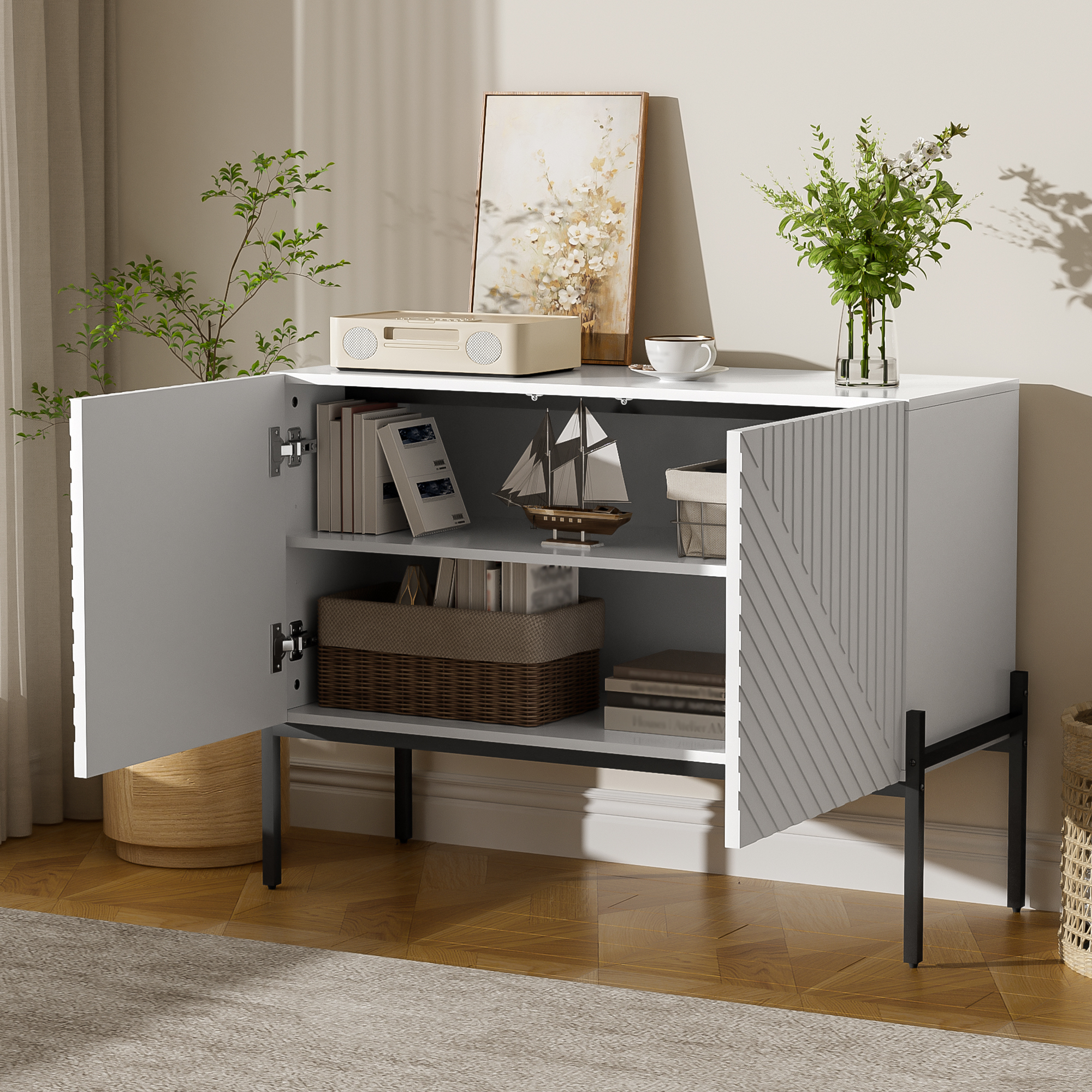 Modern Sideboard Cabinet With 2 Doors And Metal Legs, Buffet Storage Line — image 3