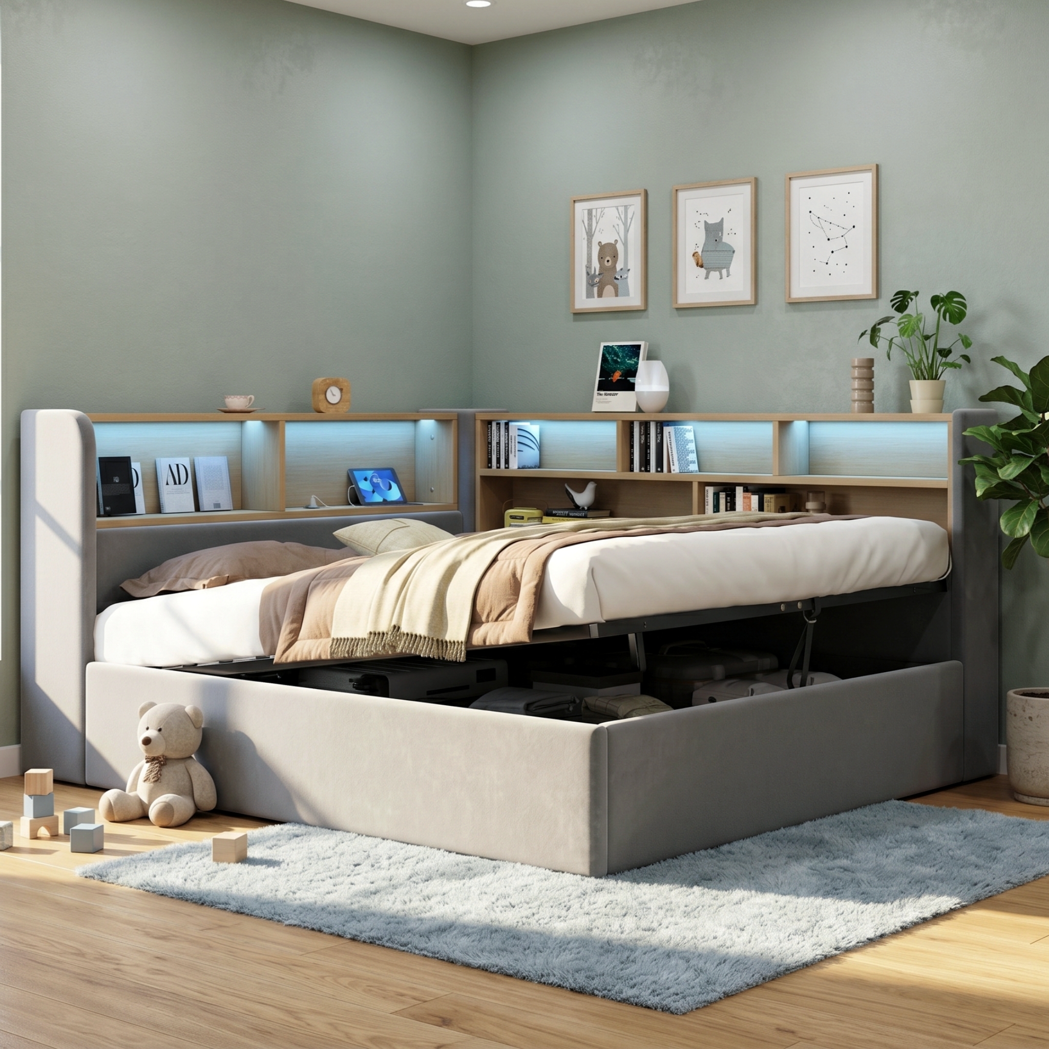 Daybed, L-shaped Upholstered Hydraulic Lift-Up Storage Bed, Sofa With LED, USB — image 4