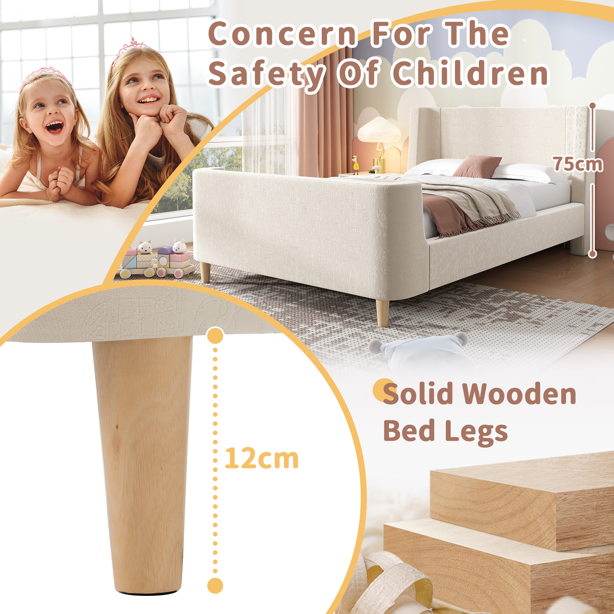 3FT Upholstered Bed, 90 X 190 Cm Single With Cosmic Pattern, Sleigh-style Teen — image 2