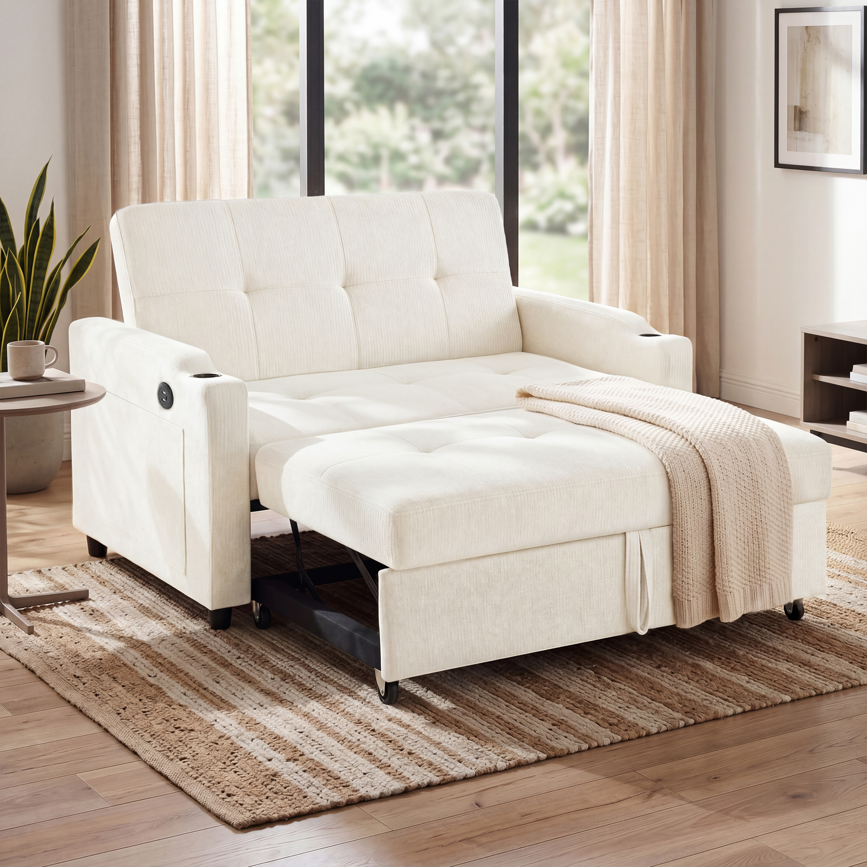 2 Seater Pull Out Sofa Bed, Multi-Functional Sleeper Loveseat With Cup Holders, Convertible Fold Out Guest Couch, Space Saving Sofa Sleeper For Apartment, Living Room, Guest Room, Studio, Dorm. product image
