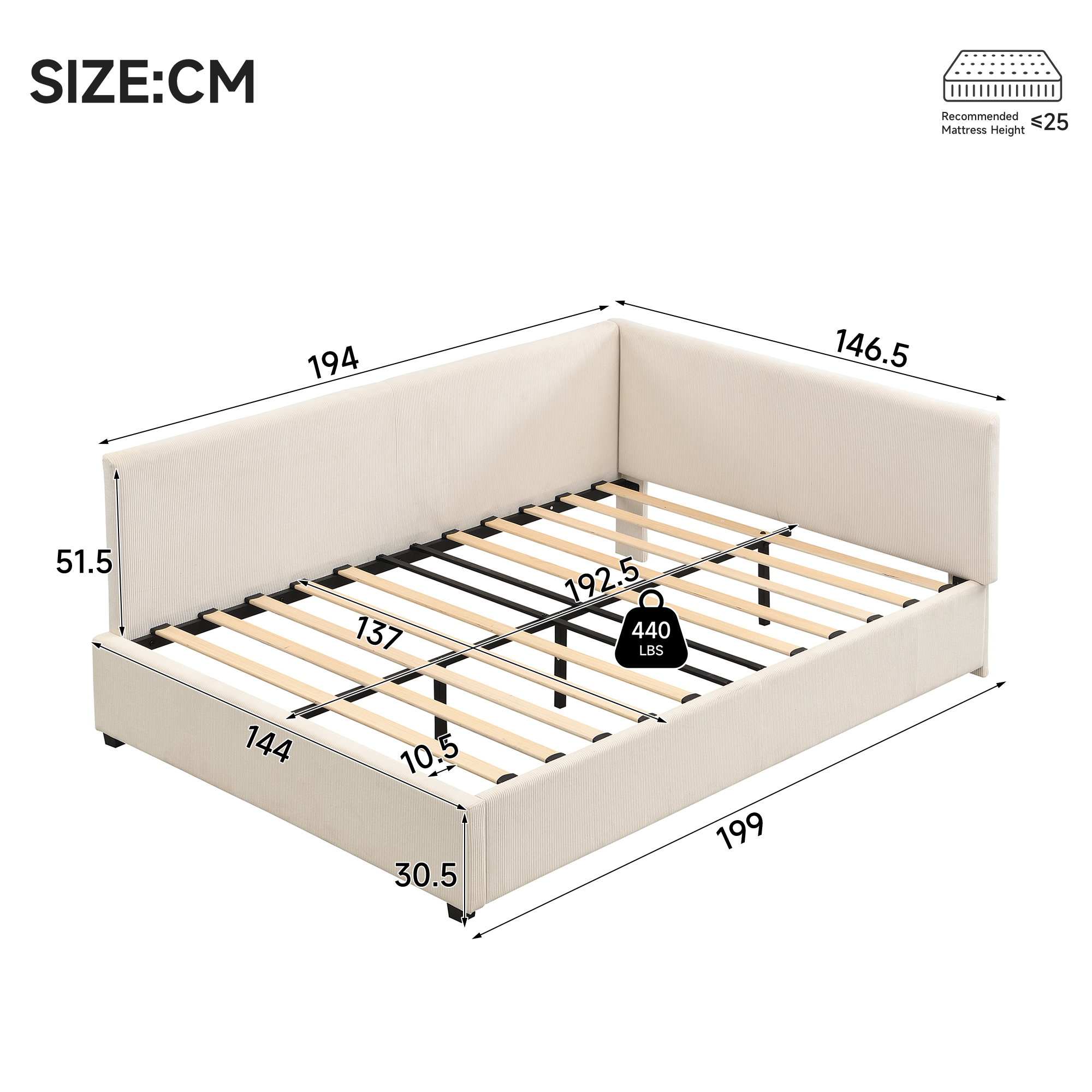 Upholstered Bed, 4ft6 Double 135x190cm, With Wooden Slats, Side Rails On — image 5