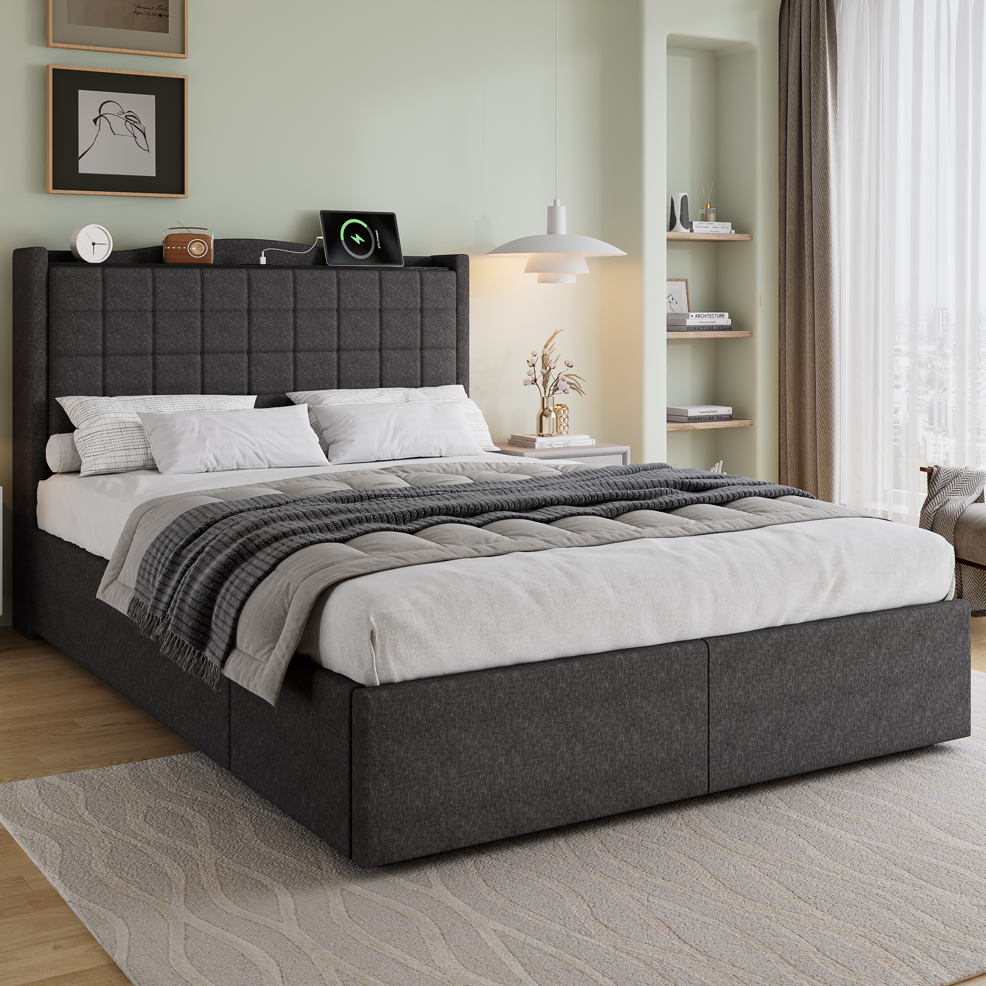 Upholstered Bed, 4ft6 Double 135x190cm, Storage Soft Backrest, 4 Drawers — image 5